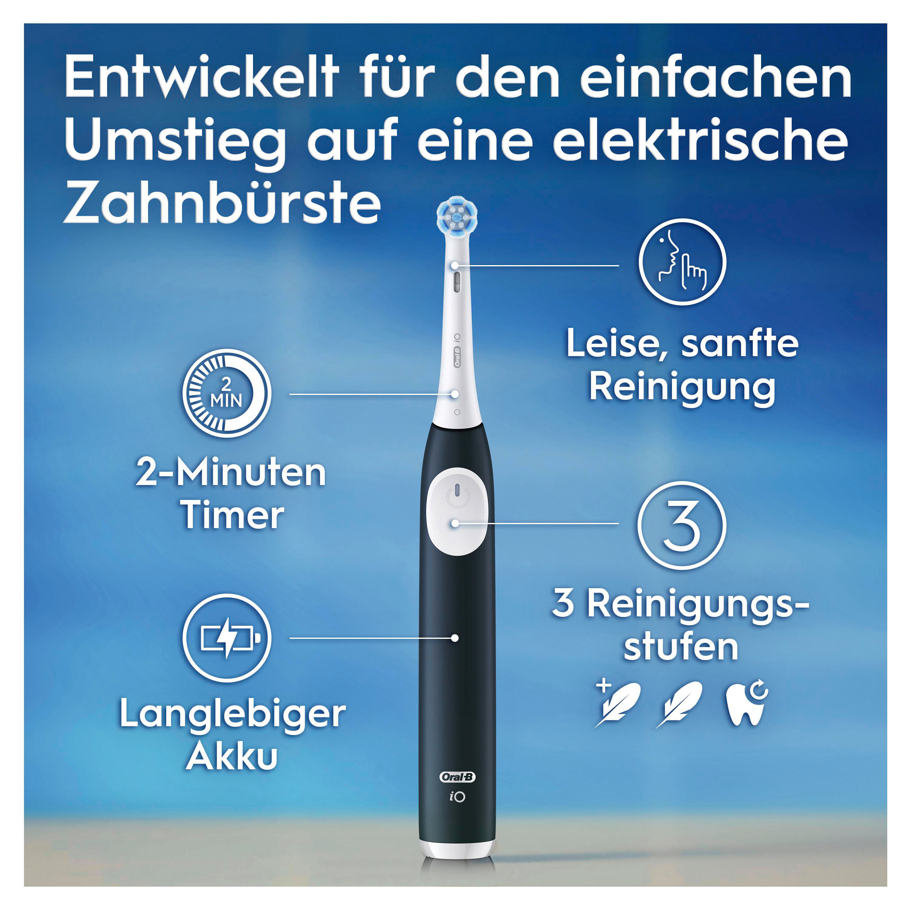 Eine elektrische Zahnbürste. Merkmale: 2-Minuten-Timer, 3 Reinigungsmodi, langlebiger Akku.