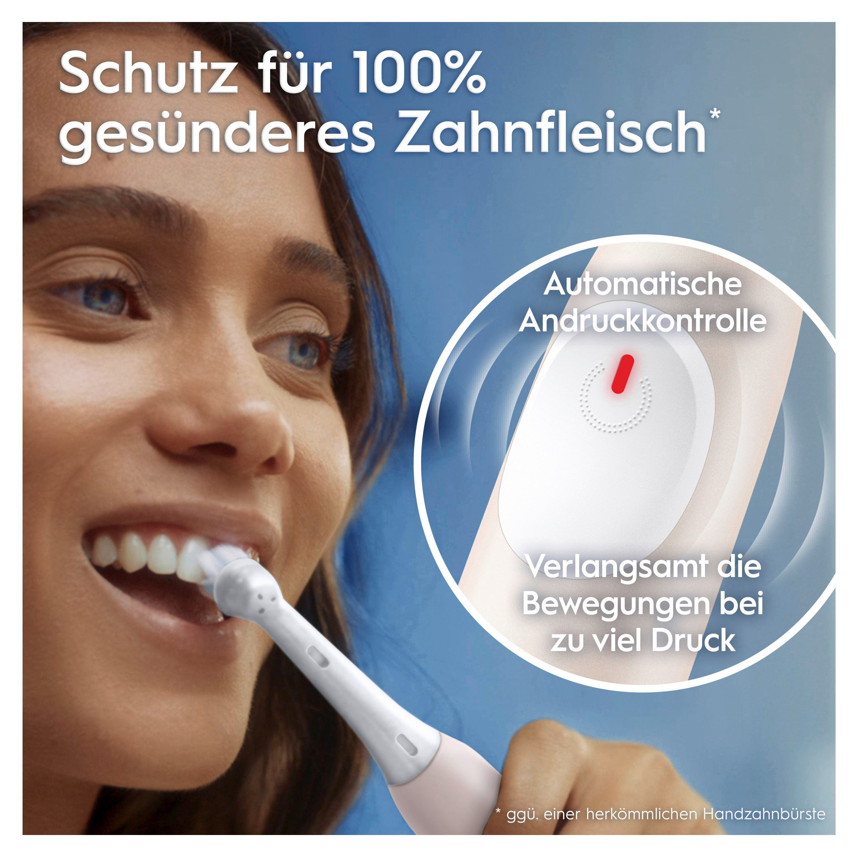 Frau putzt sich die Zähne, Nahaufnahme von Bürste und Gesicht, mit Text über Zahnfleischschutz.