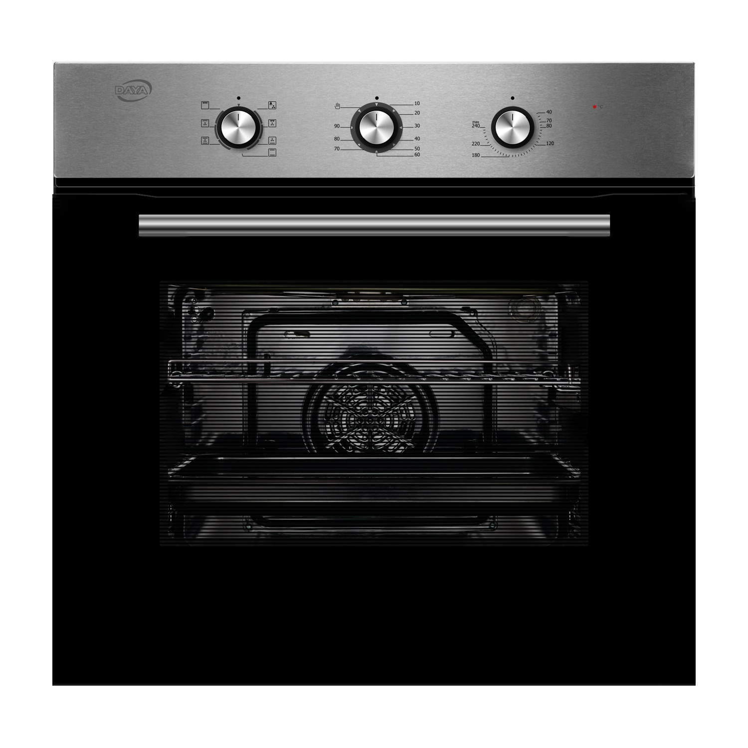 Un forno in acciaio inossidabile con interno nero, comandi visibili.