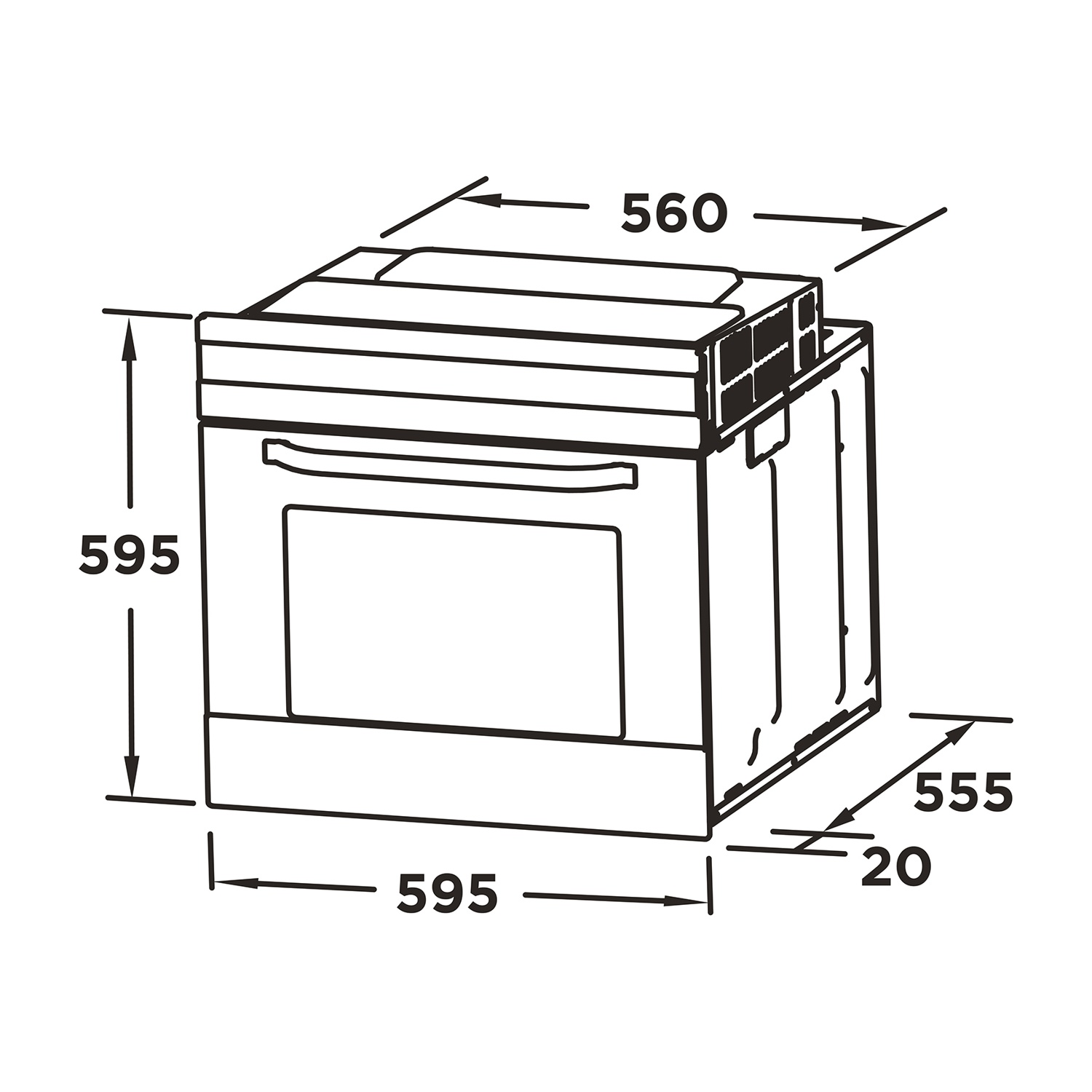 Disegno a tratto di un forno nero con dimensioni etichettate. Sfondo bianco.