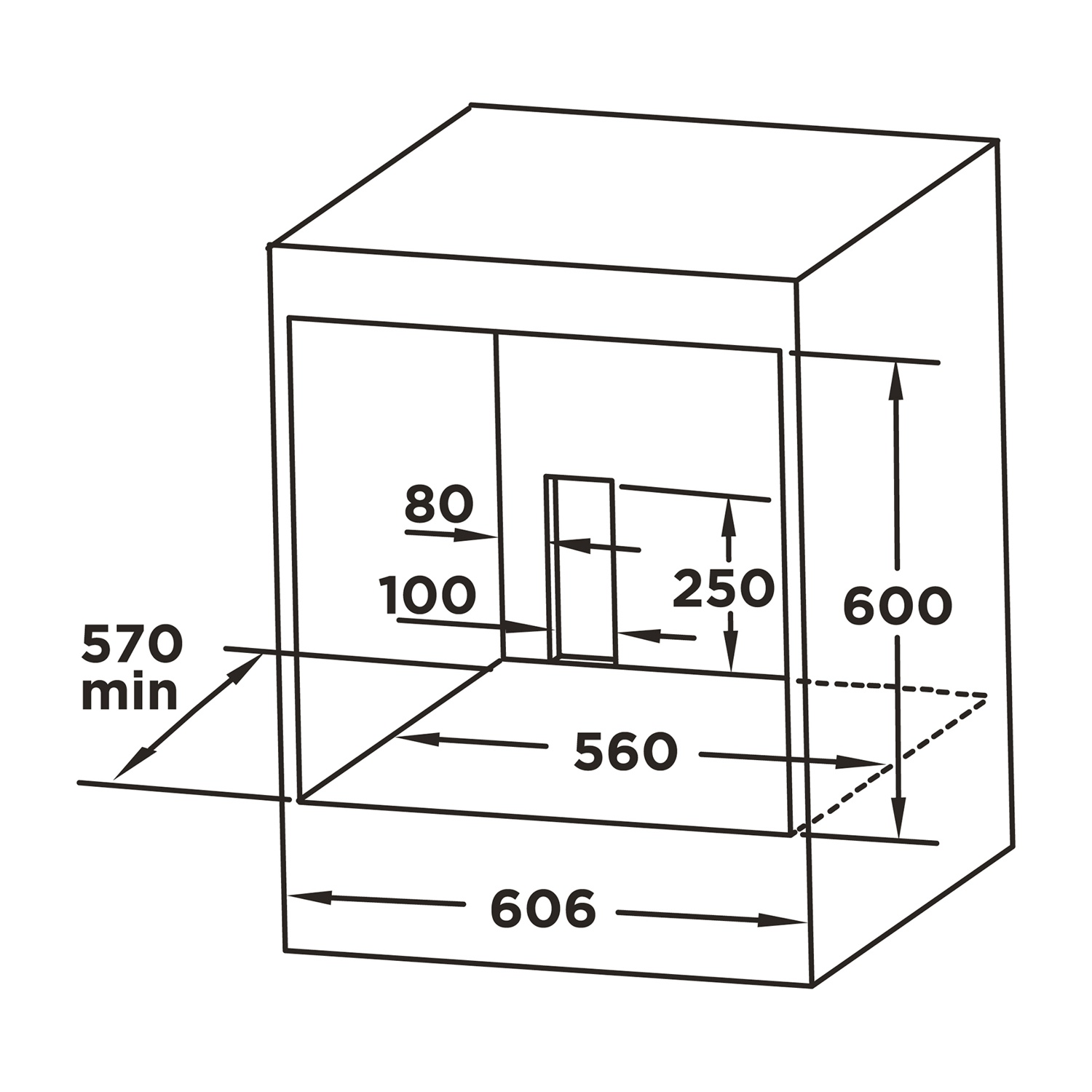 Diagramma di una scatola nera con dimensioni etichettate in millimetri.