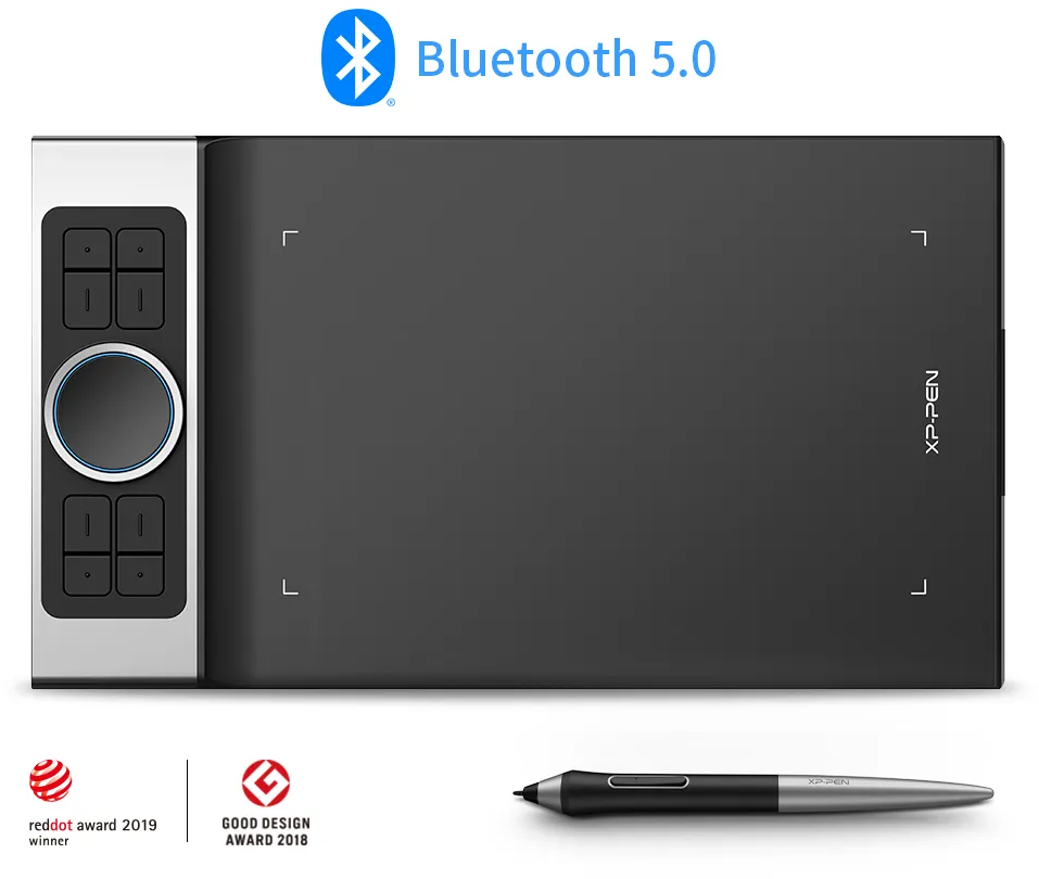 Fekete-ezüst rajztábla tollal. Bluetooth 5.0. Gombokkal és tárcsával. Red Dot díj.