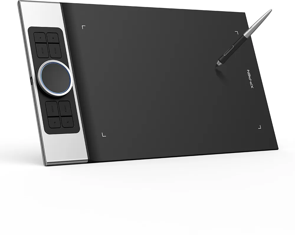 Fekete rajz tablet ezüst oldallal és tollal. Fehér háttér.