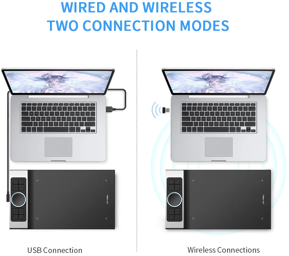 Laptop és táblagép a következő szöveggel: Wired and Wireless, Two Connection Modes. USB és Wireless.