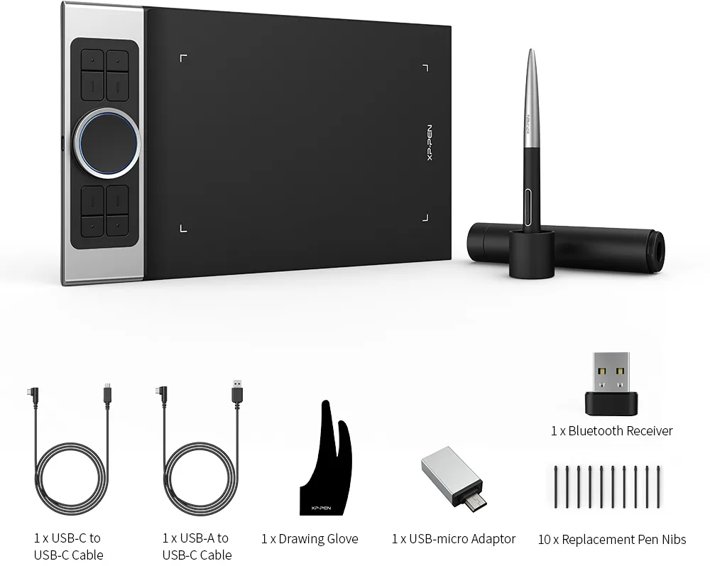 Grafikus tábla tollal, kábelekkel és kiegészítőkkel. Tartalmazza a stylust és az USB-vevőt.