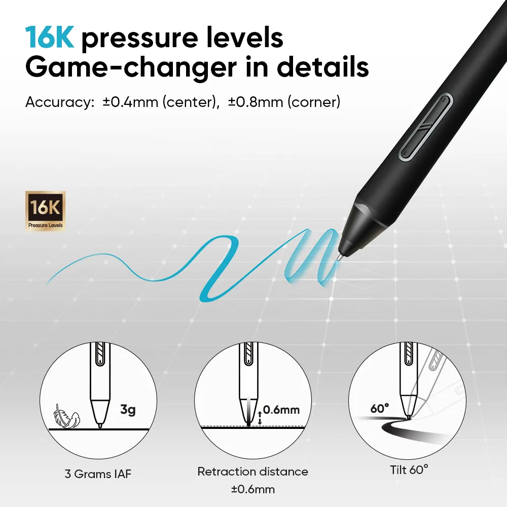 Stylus a nyomásszintek és a dőlésszög részleteivel. A diagramok 3g, 0,6 mm és 60 fokot mutatnak.