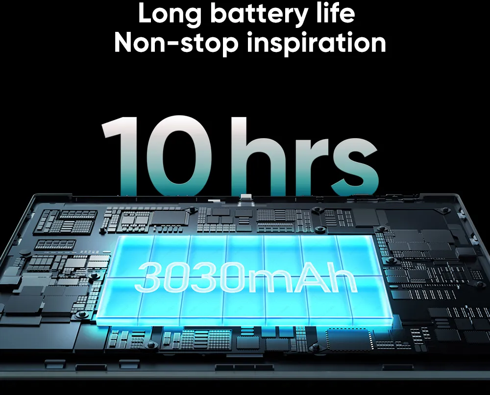 Egy nyitott eszköz, amely egy kék megvilágítású akkumulátort mutat, a következő felirattal: 10 óra, 3030 mAh.