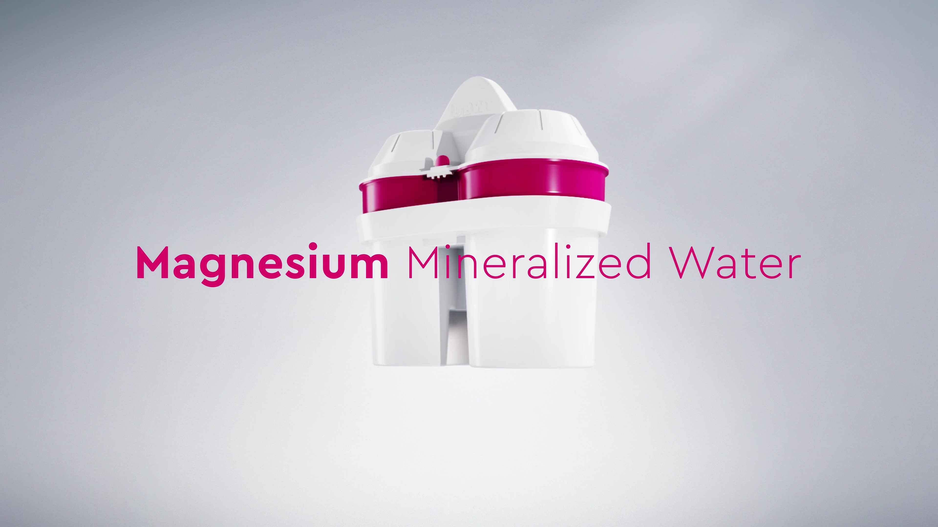 Wasserfilter mit Text. Der Filter hat ein rosa und weißes Farbschema.