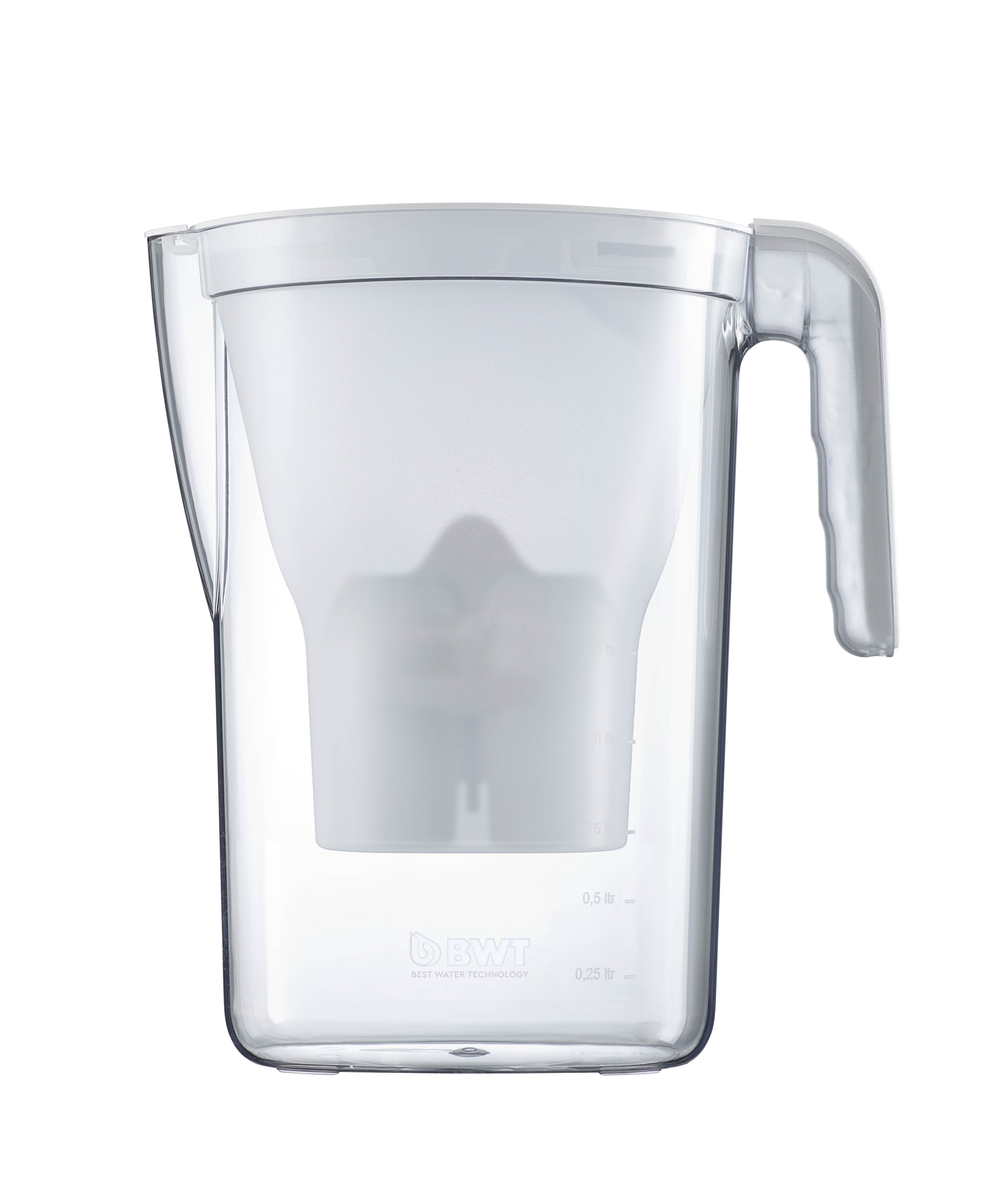 Transparenter Wasserfilter-Krug, weißer Deckel und Griff, mit weißem Innenfilter.