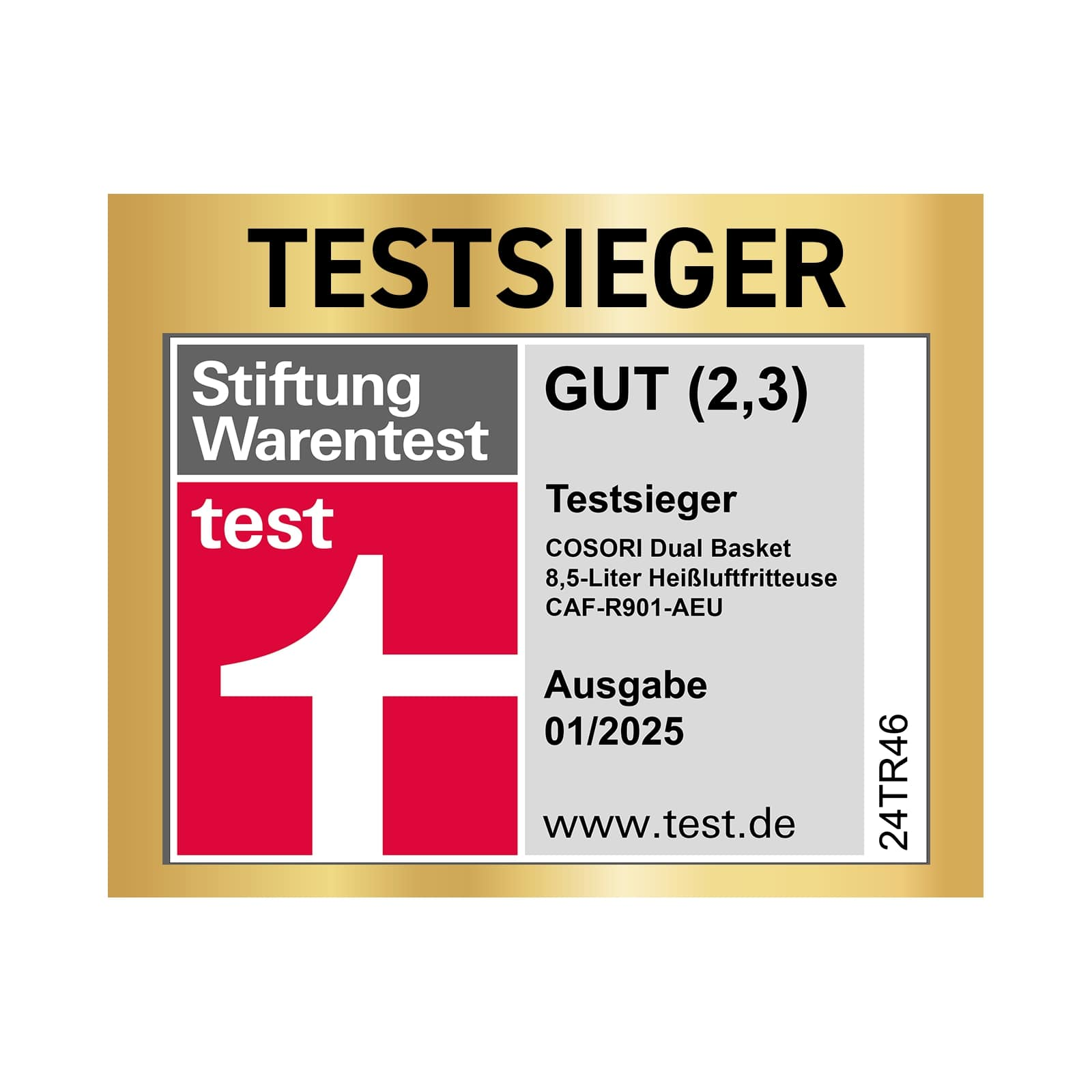 Testseiger-Etikett, Stiftung Warentest Testergebnis. Enthält Text und ein Symbol der Zahl 1.