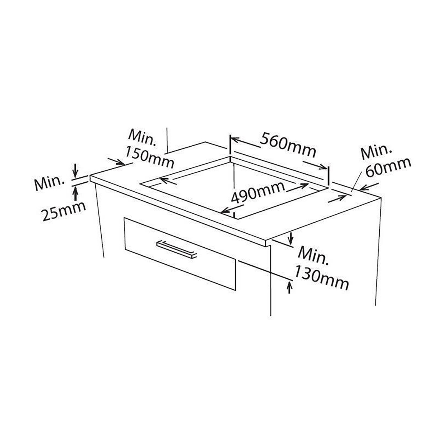 Diagramma che mostra le dimensioni di un elettrodomestico da incasso. Misure in millimetri sull'immagine.