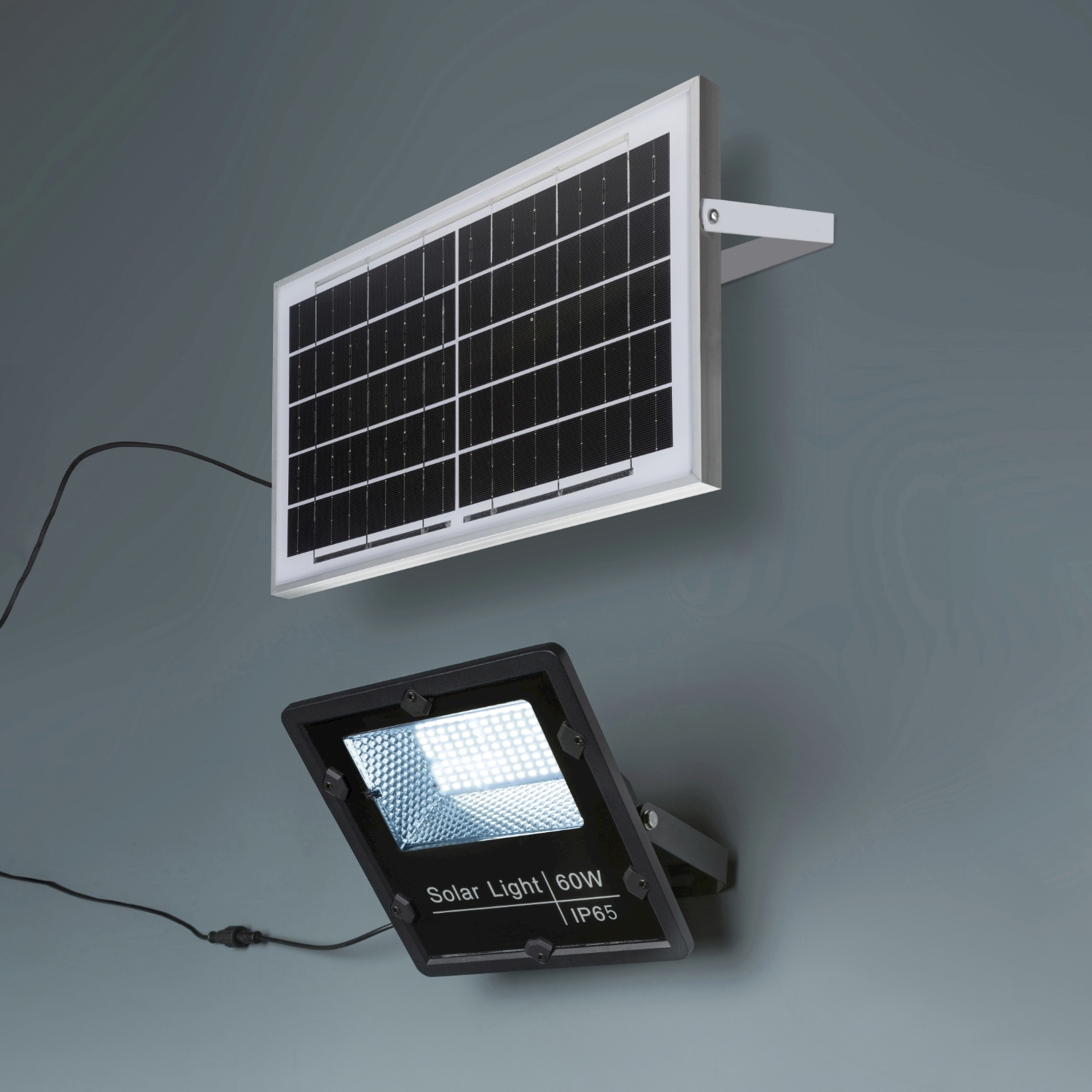 Pannello solare e una luce solare montati su un muro. La luce è etichettata 60W e IP65.