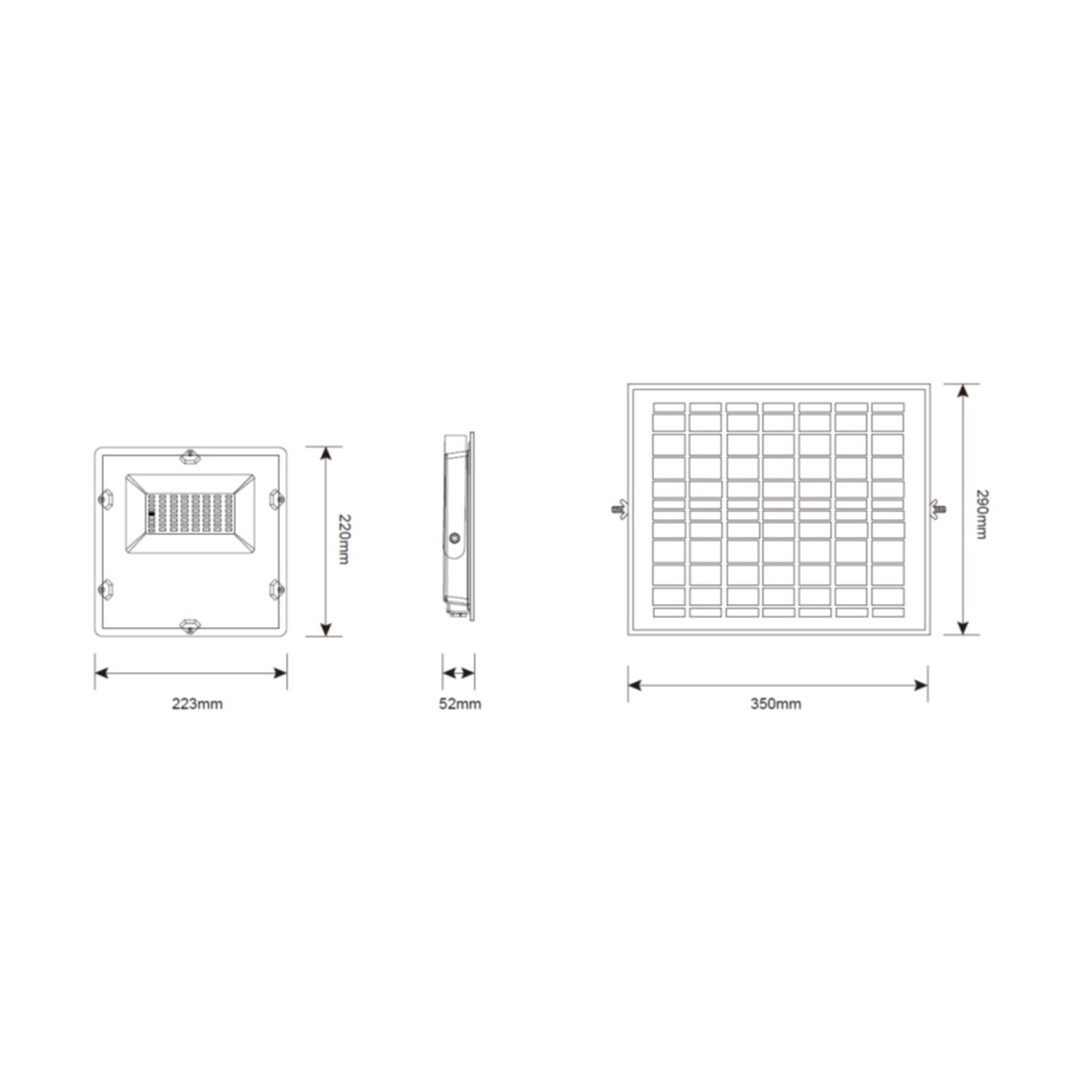 Un apparecchio di illuminazione, con dimensioni, ha un design quadrato con una griglia.