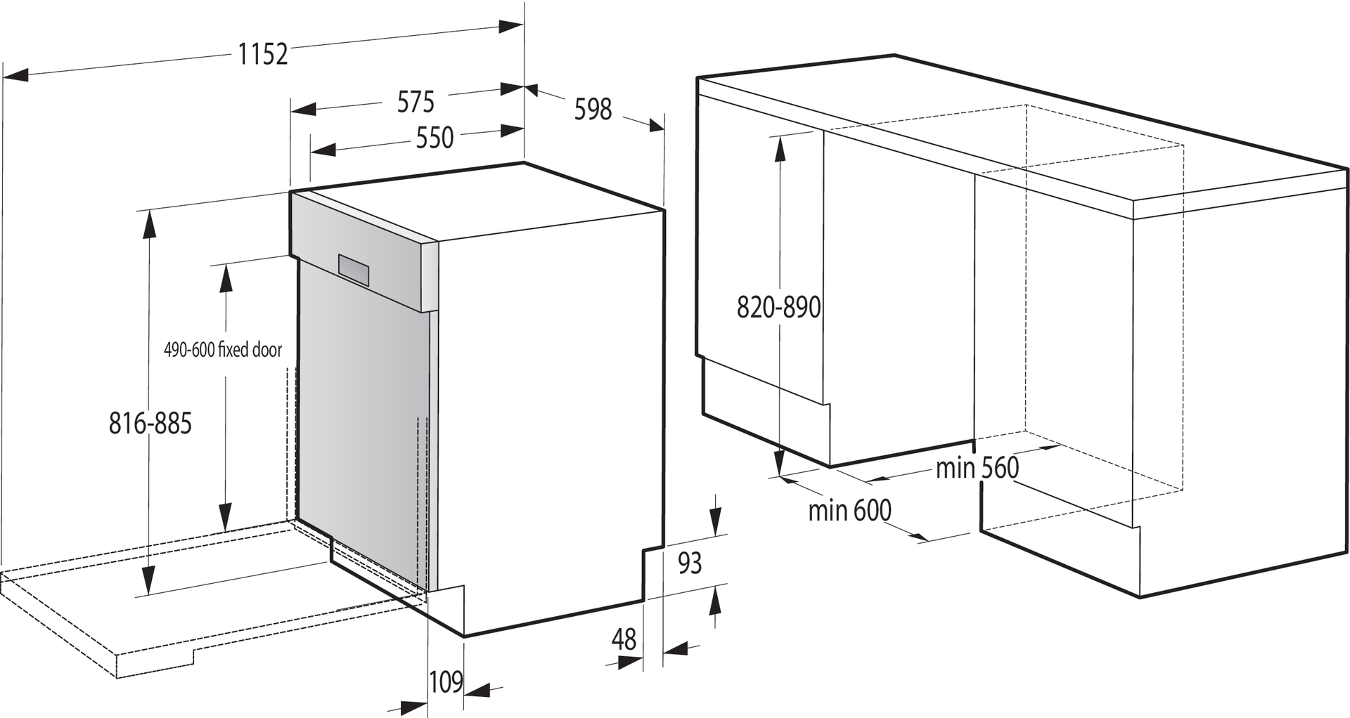 Mosogatógép diagramja, méretekkel milliméterben.