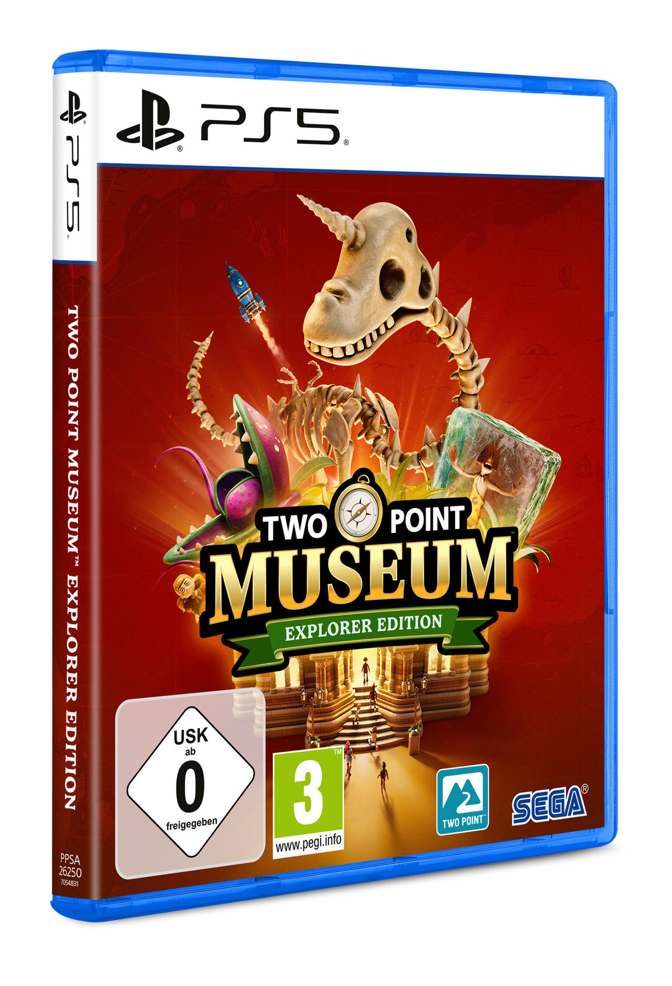 Ein PS5-Spiel: 'Two Point Museum Explorer Edition' mit einer Dinosaurier-Skelett-Illustration.