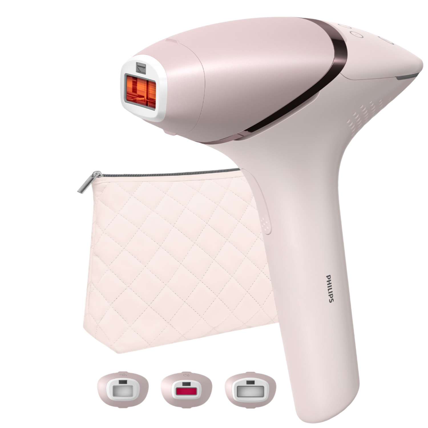A pink Philips hair removal device with a pouch and three extra heads. It is on a white background.