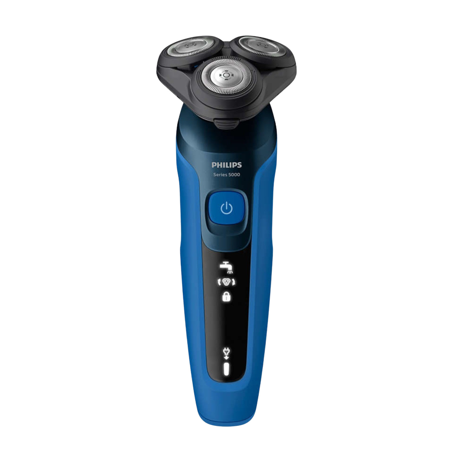 A blue and black electric shaver with three rotary heads, a power button, and indicator lights.