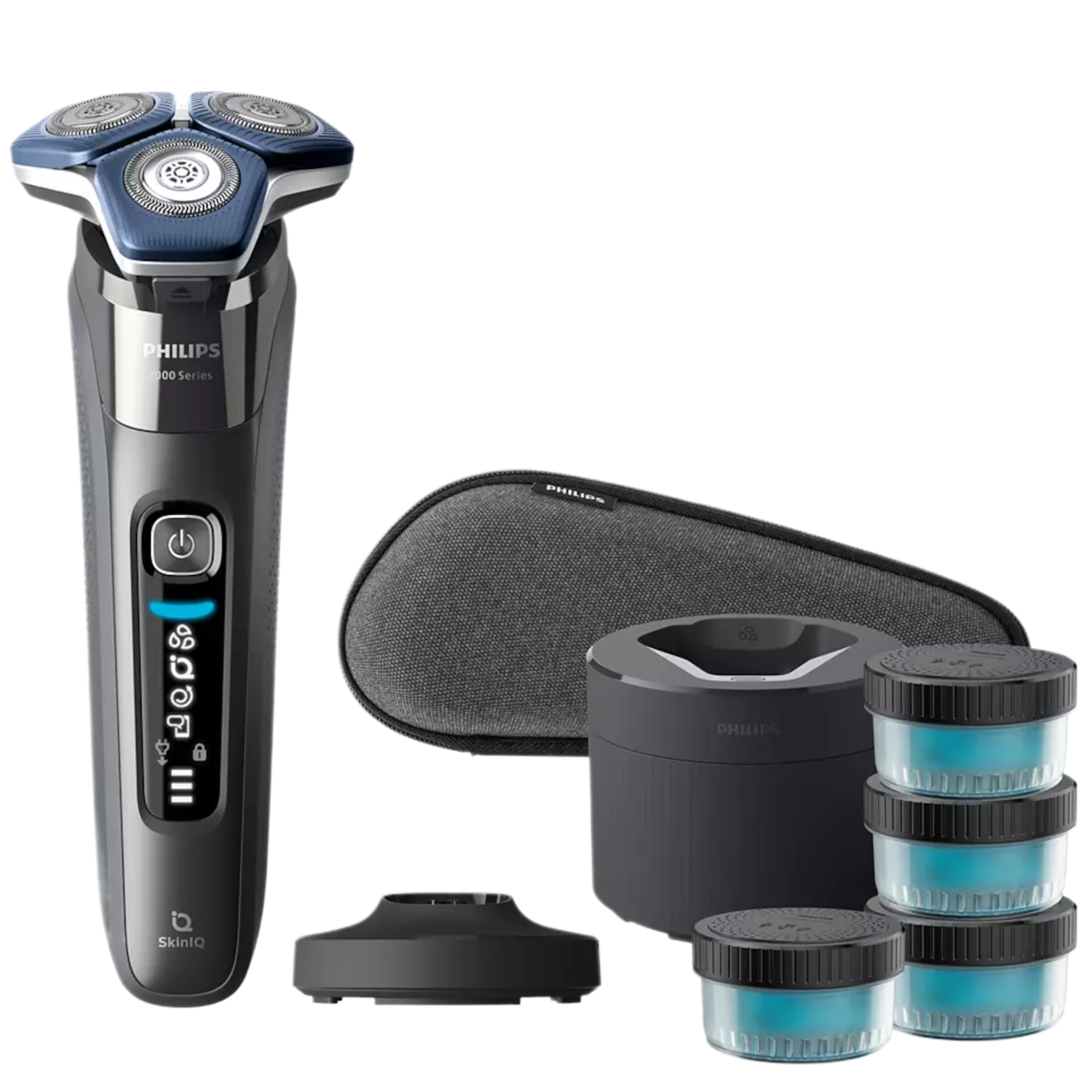 Elektrisch scheerapparaat met accessoires: etui, oplaadstation, reinigingscapsules. Donkergrijs en blauw.