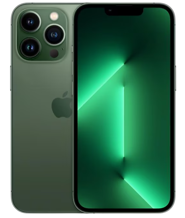 Arkada üç kameralı yeşil iPhone. Ekran yeşil soyut bir görüntü gösteriyor.