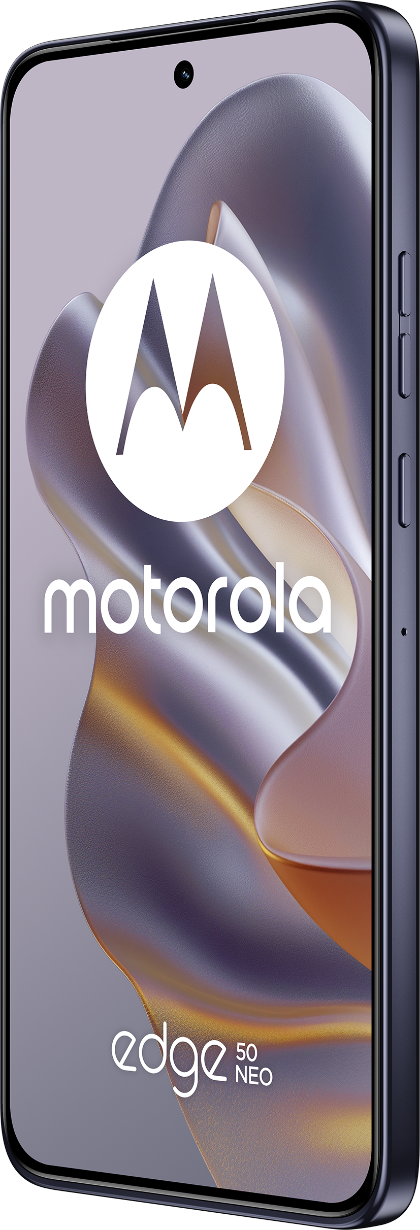 Ein Motorola Edge 50 Neo Telefon in einer Hülle wird von der Seite gezeigt.
