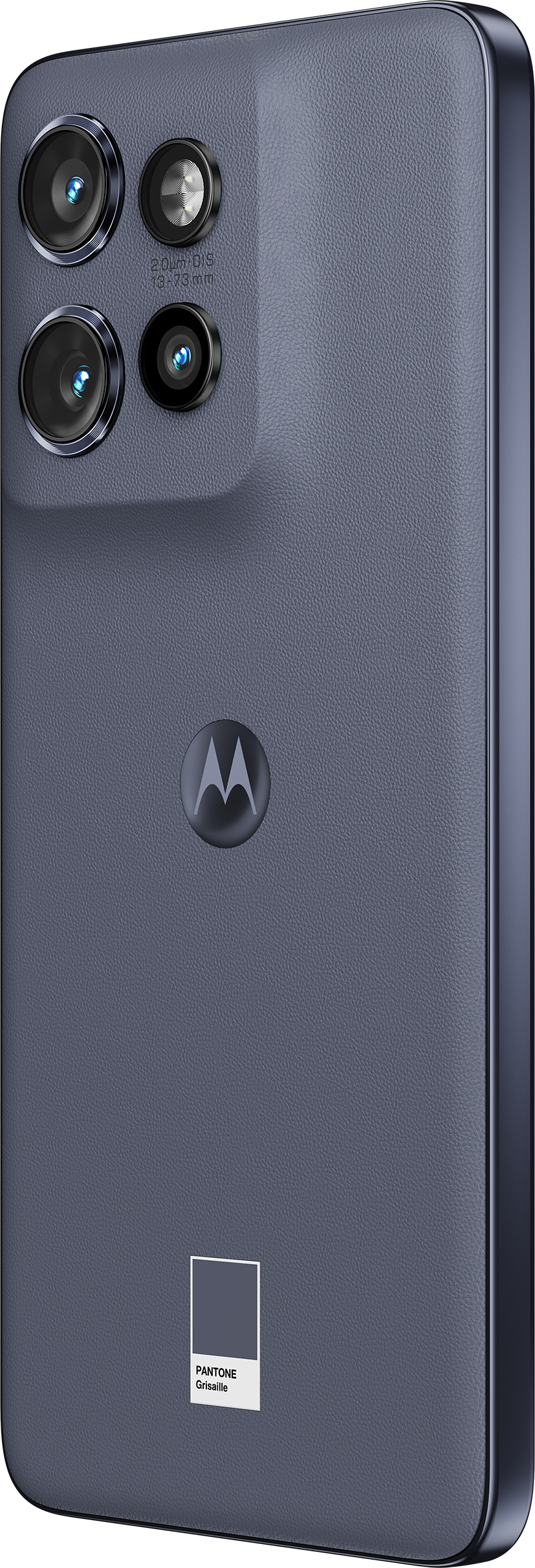 Ein dunkelblaues Motorola-Telefon mit mehreren Kameras und einem Logo auf der Rückseite, angewinkelte Ansicht.
