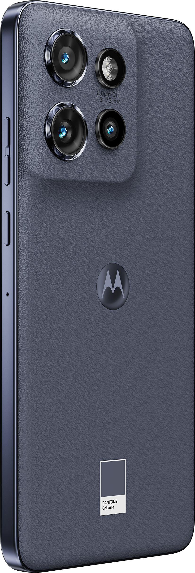Nahaufnahme eines dunkelblauen Smartphones mit mehreren Rückkameras, einem Logo und einem Pantone-Label.