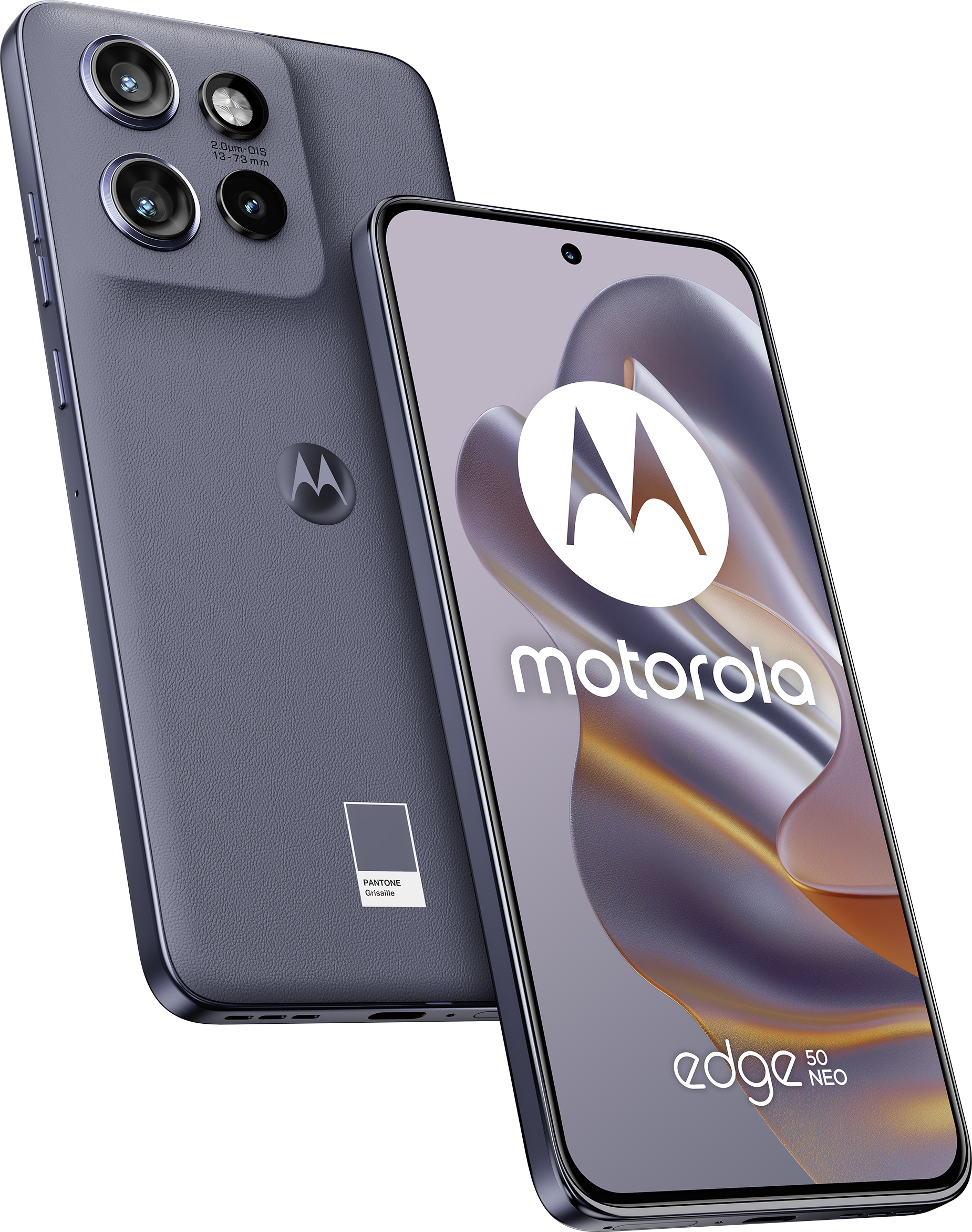 Blaues Smartphone mit Dreifach-Kamera. Rückseite mit Motorola-Logo. Bildschirm mit Oberfläche.