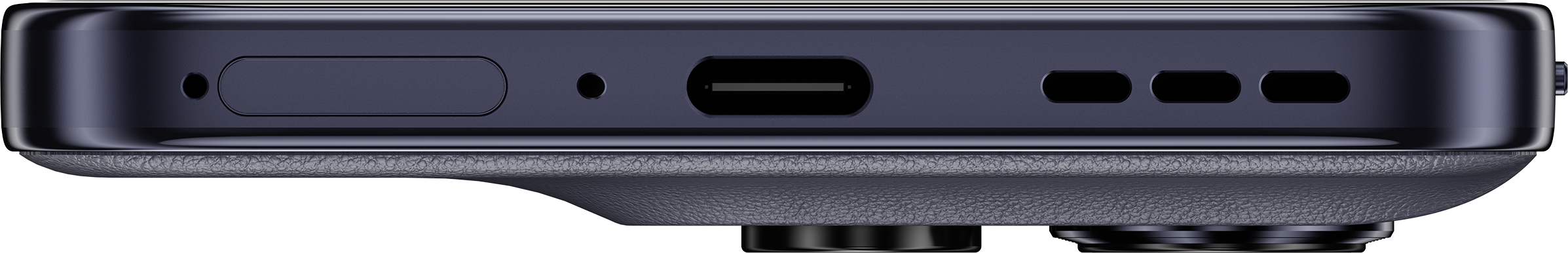 Nahaufnahme der Unterseite eines dunkelblauen Smartphones mit USB-C-Anschluss und Lautsprecheröffnungen.
