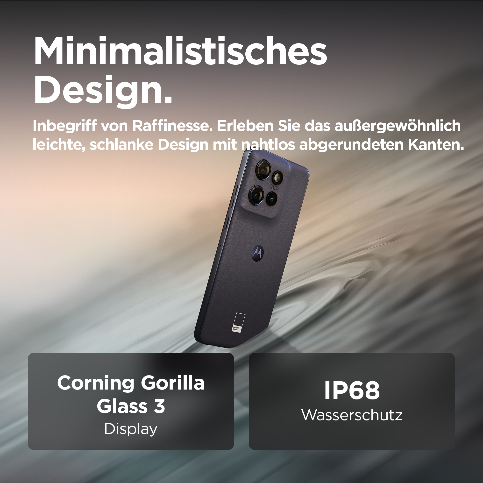 Ein schwarzes Telefon mit minimalistischem Design, Display und Infokarten.