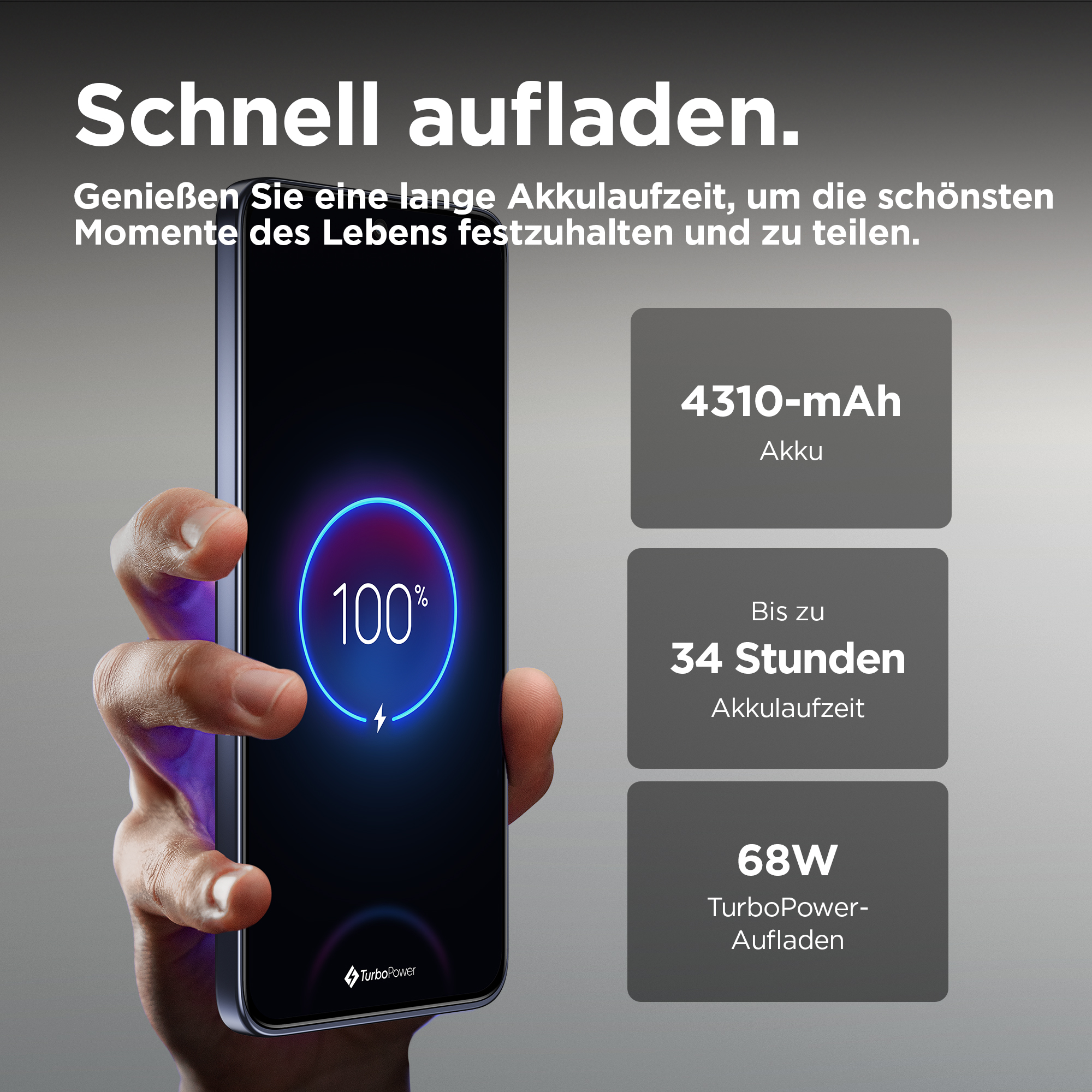 Hand hält Telefon, zeigt 100% Ladung. Text zeigt Akkulaufzeit und Ladegeschwindigkeit an.