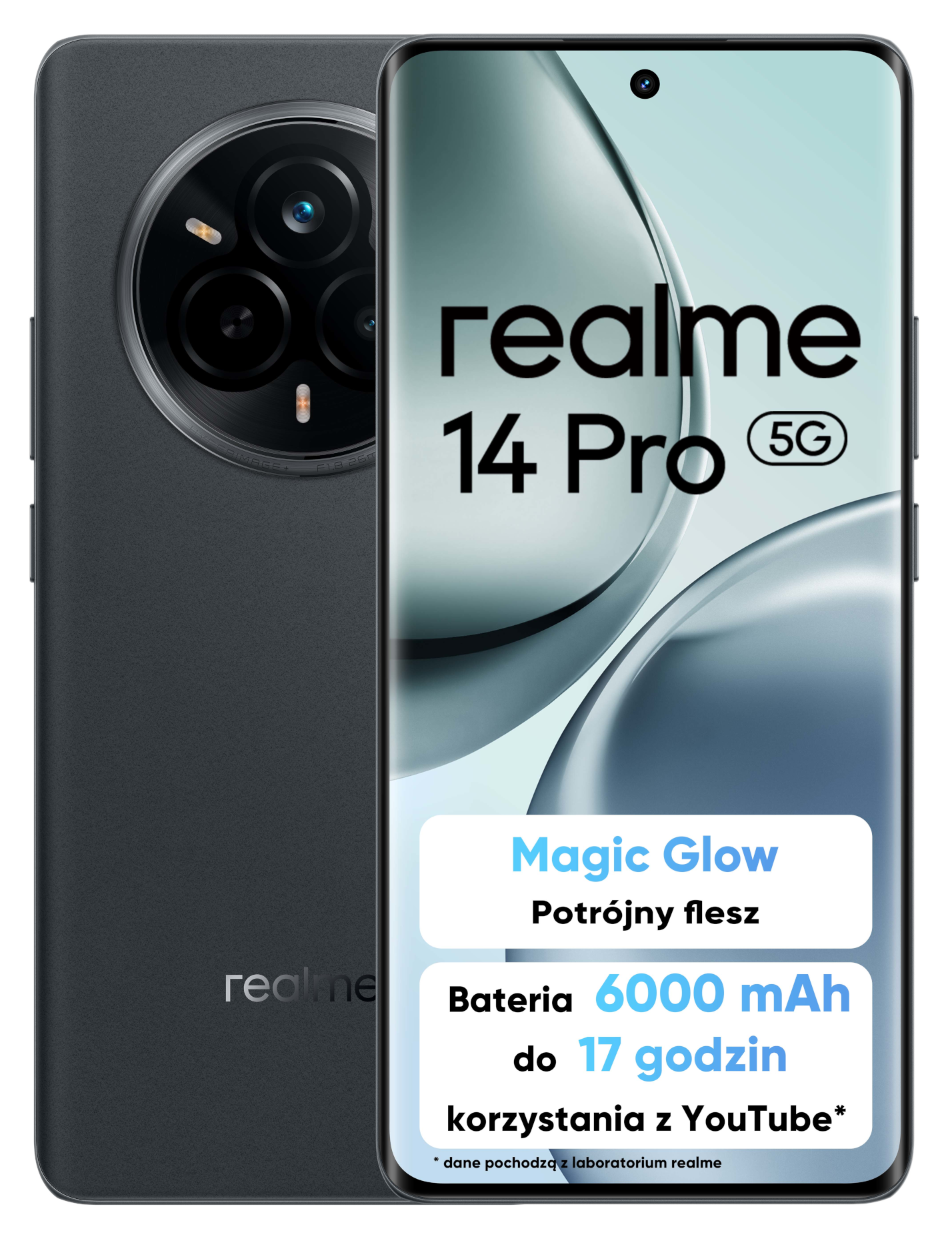 Czarny telefon Realme 14 Pro 5G z trzema tylnymi aparatami i informacjami promocyjnymi na ekranie.
