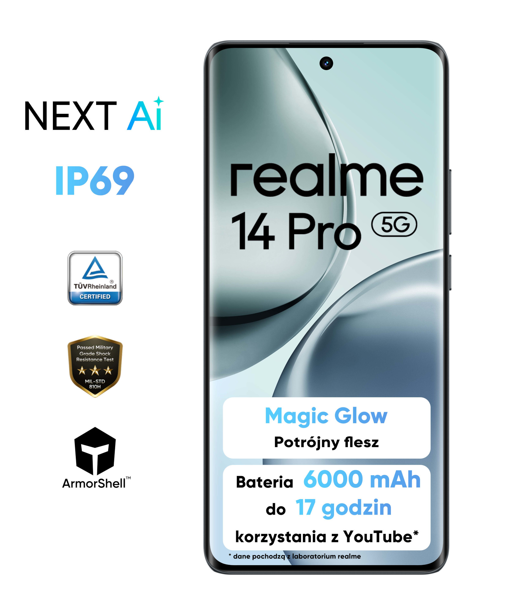 Telefon Realme 14 Pro 5G z tekstem i ikonami, prezentujący funkcje takie jak bateria 6000 mAh.