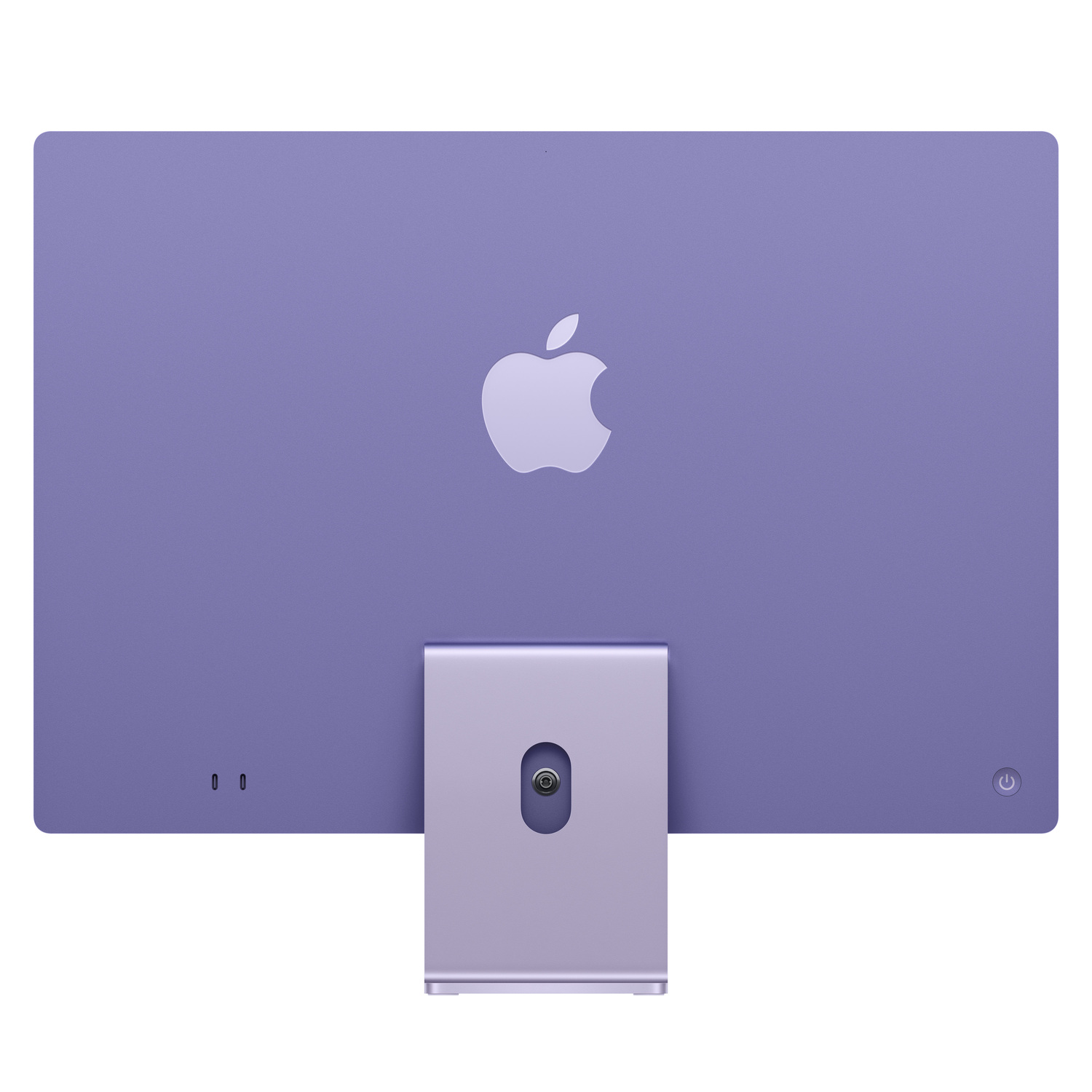 Back of an Apple iMac in purple, showing the Apple logo, stand, and ports.