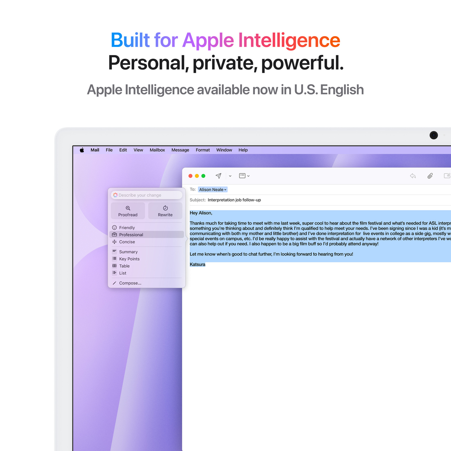 A laptop screen shows an email. Text above says: Built for Apple Intelligence. 