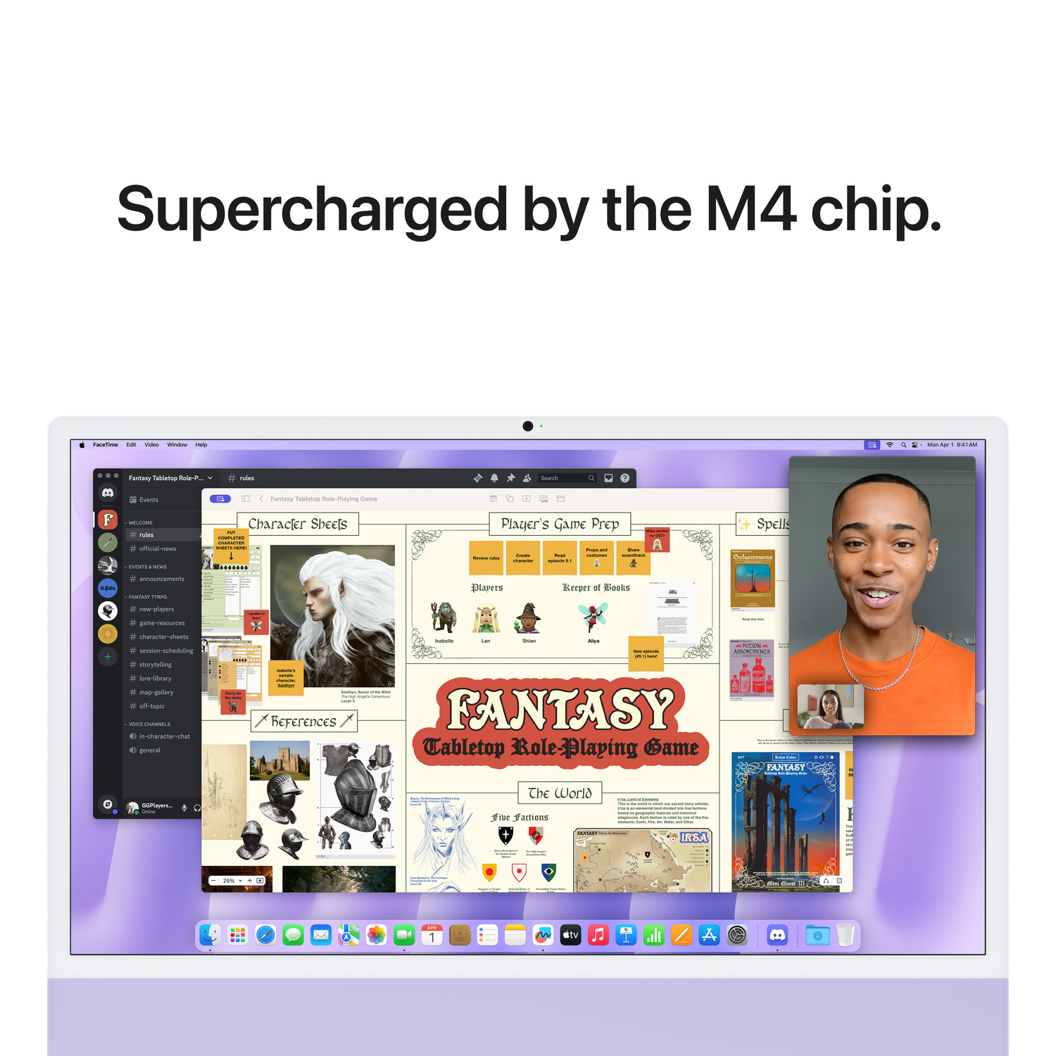 A laptop displaying a fantasy role-playing game interface, with a video call on the right side.