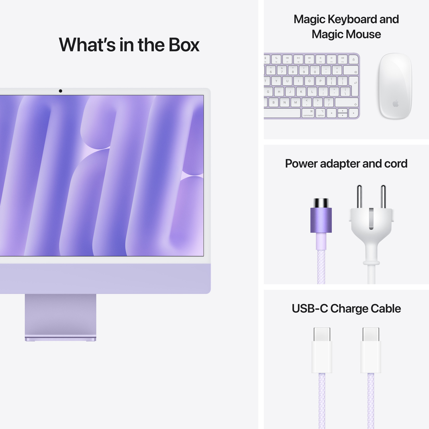 What's in the box: iMac, Magic Keyboard, Magic Mouse, and a charging cable and power adapter.