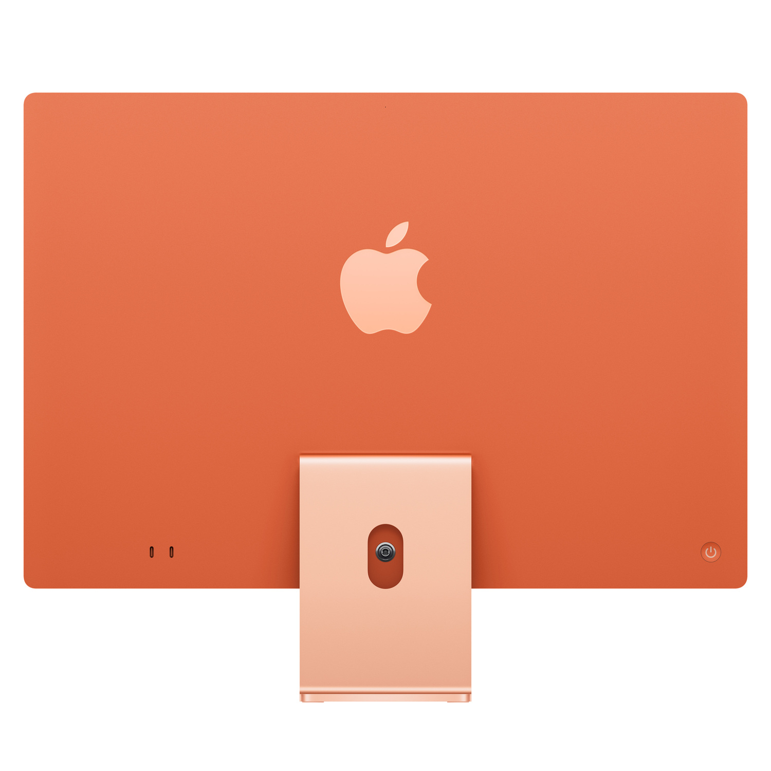 Back of an Apple iMac in orange, showing the Apple logo, stand, and ports.