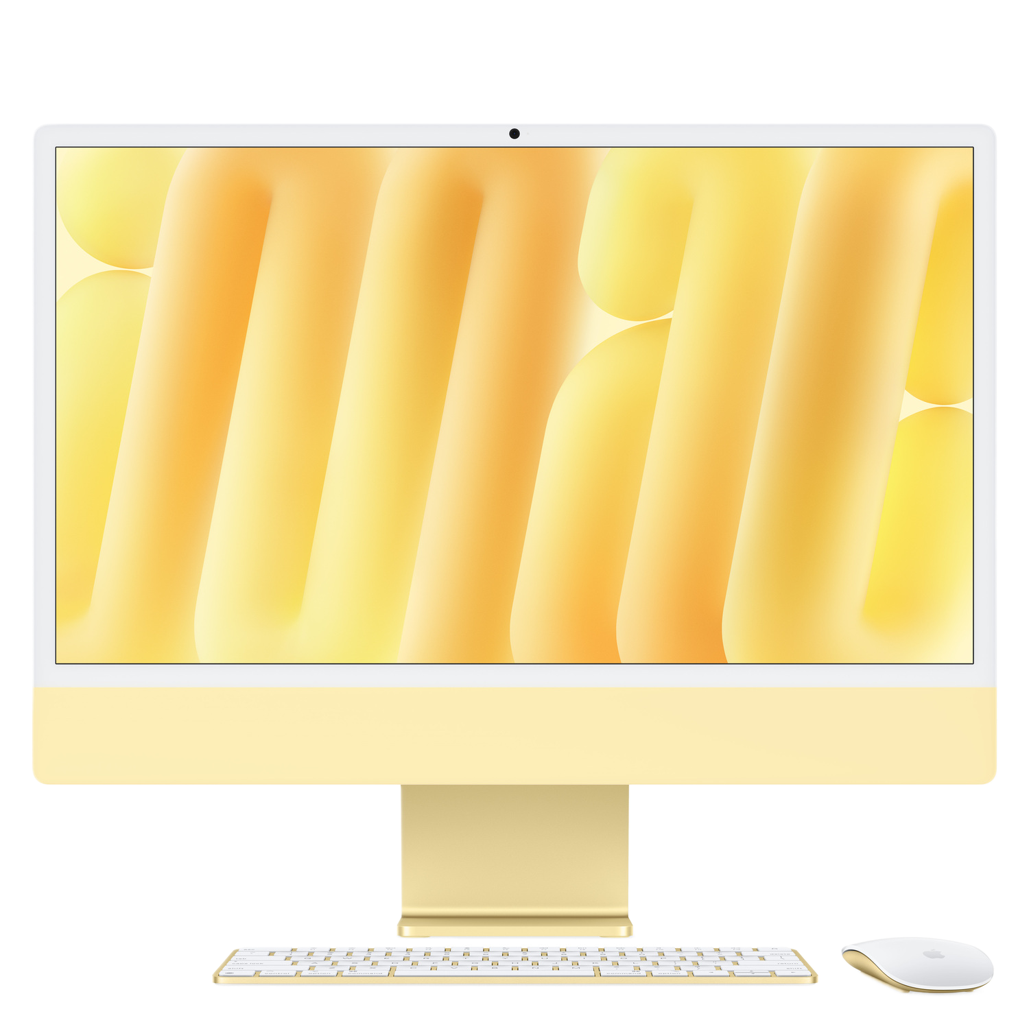 iMac jaune avec clavier et souris sur fond blanc. L'écran affiche un design jaune.