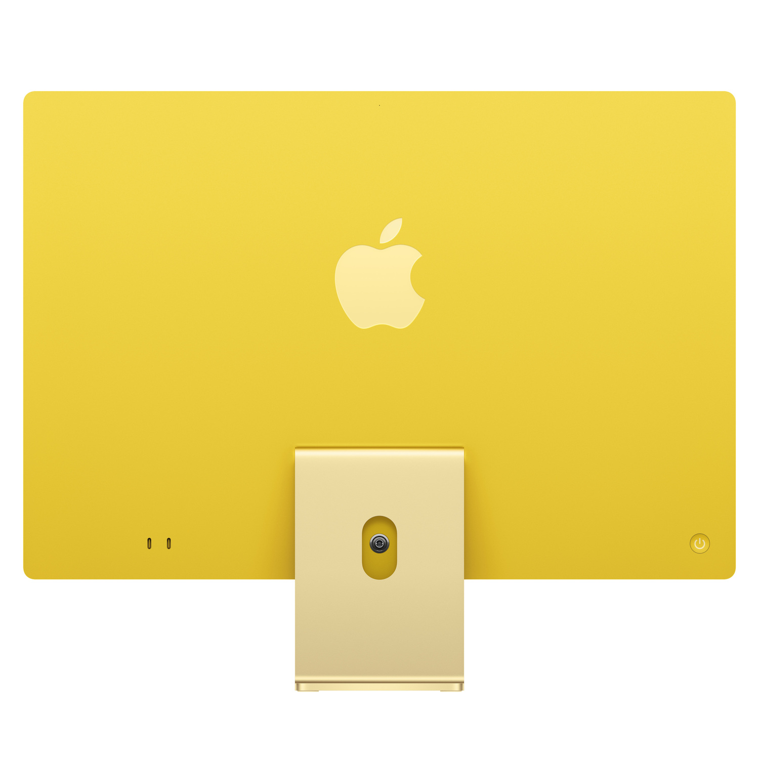 L'arrière d'un iMac jaune a le logo Apple et un support.