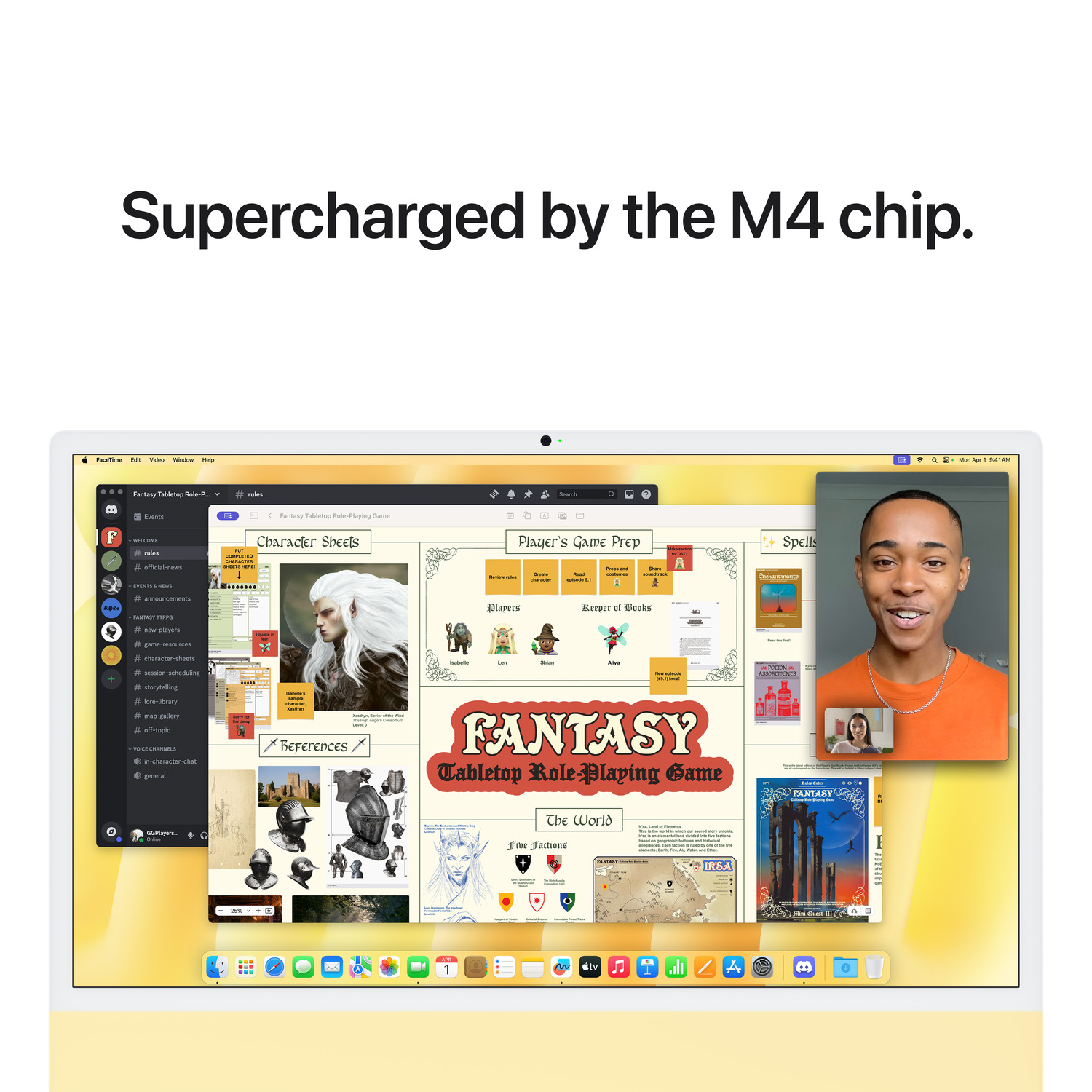 Un ordinateur portable affichant une interface de jeu de rôle, avec texte : Superchargé par la puce M4.