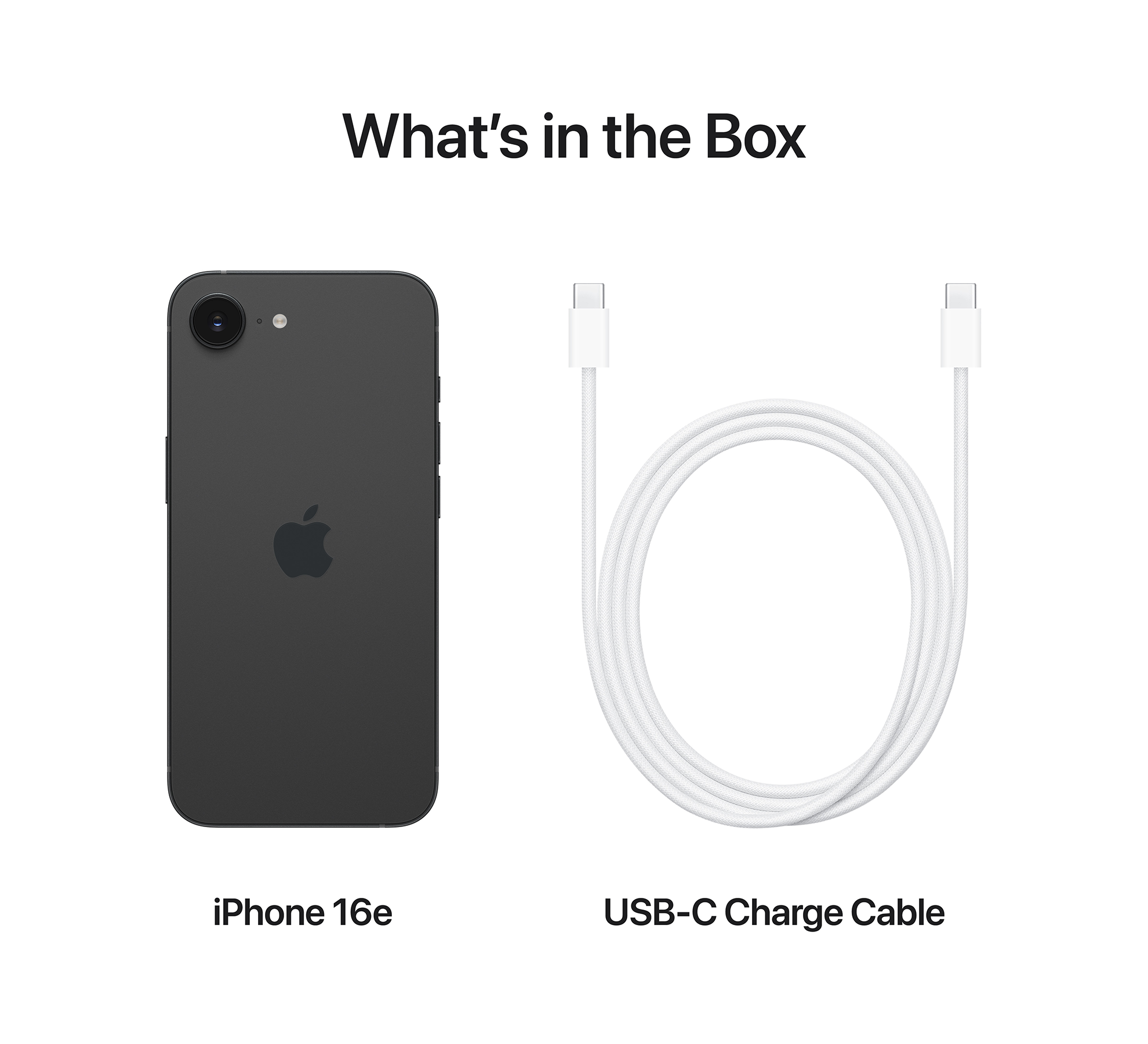 A képen egy fekete iPhone és egy fehér USB-C kábel látható. A szöveg: 'Mi van a dobozban'.