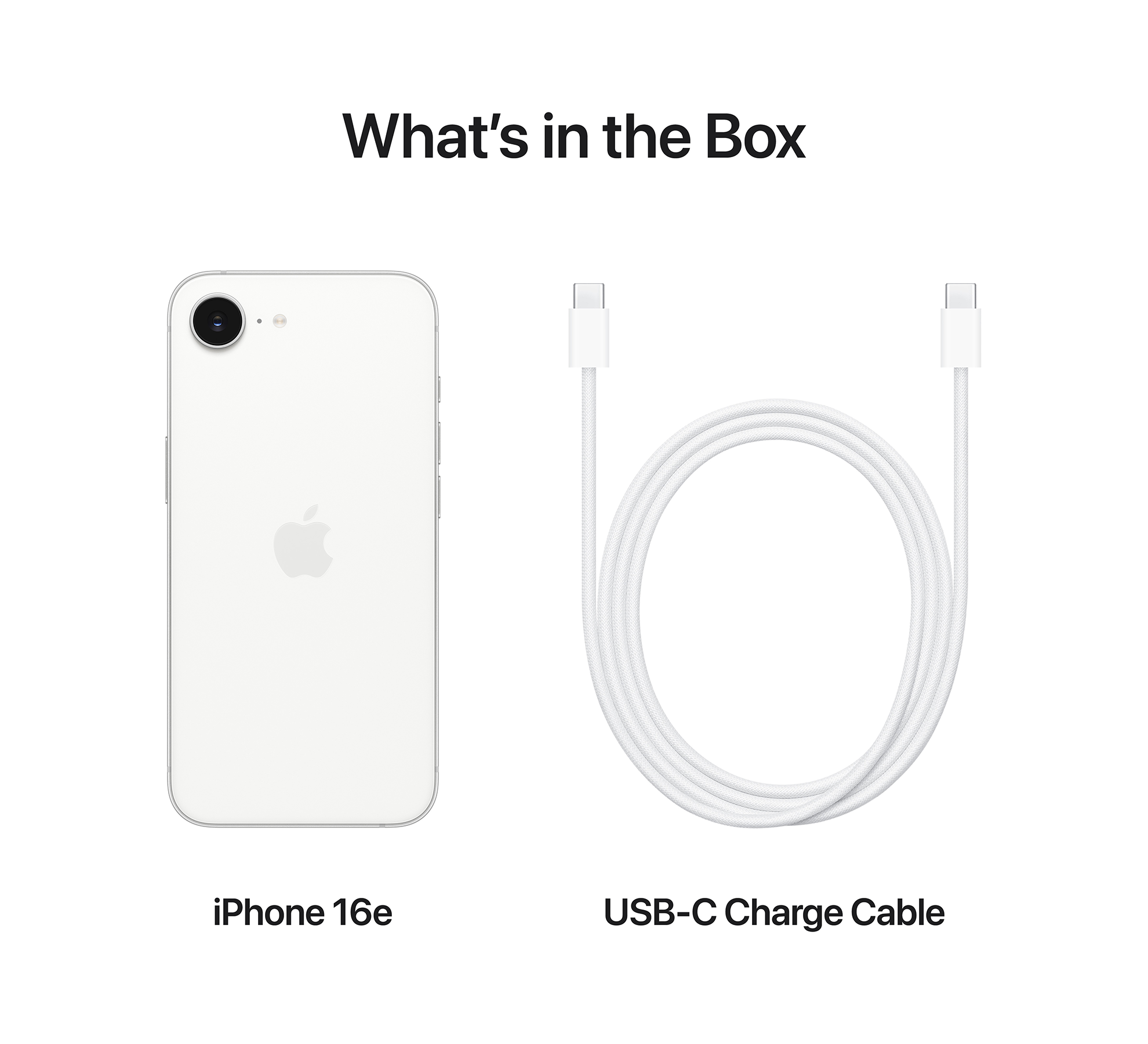 iPhone 16e és USB-C töltőkábel, fehér háttér.