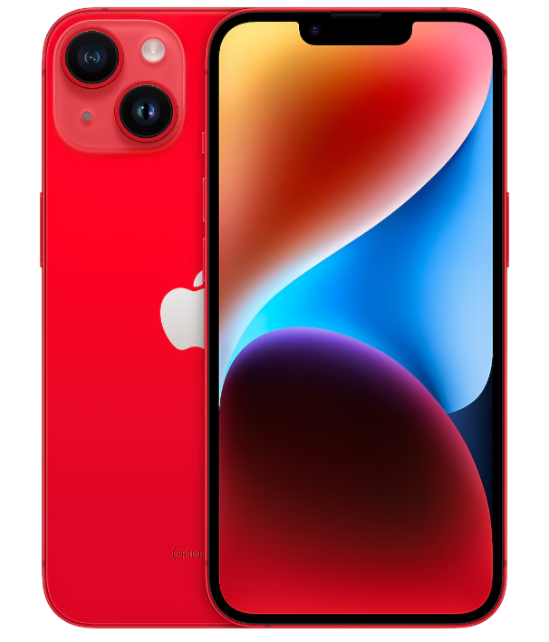 Kırmızı iPhone, iki arka kamera. Ekran renkli bir soyut tasarım gösteriyor.
