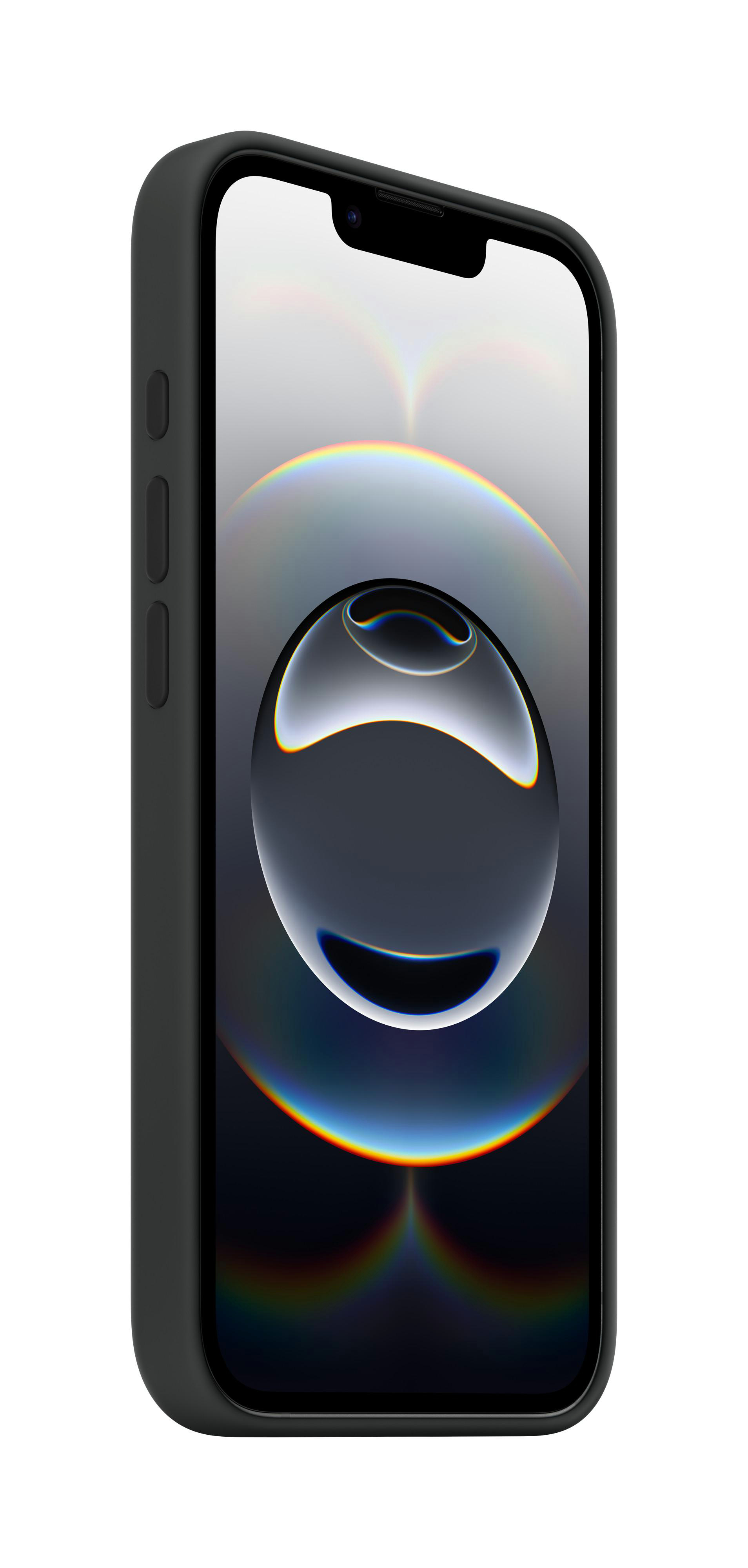 Dunkelgraues Telefon in einer schwarzen Hülle. Der Bildschirm zeigt ein verschwommenes, abstraktes Bild.