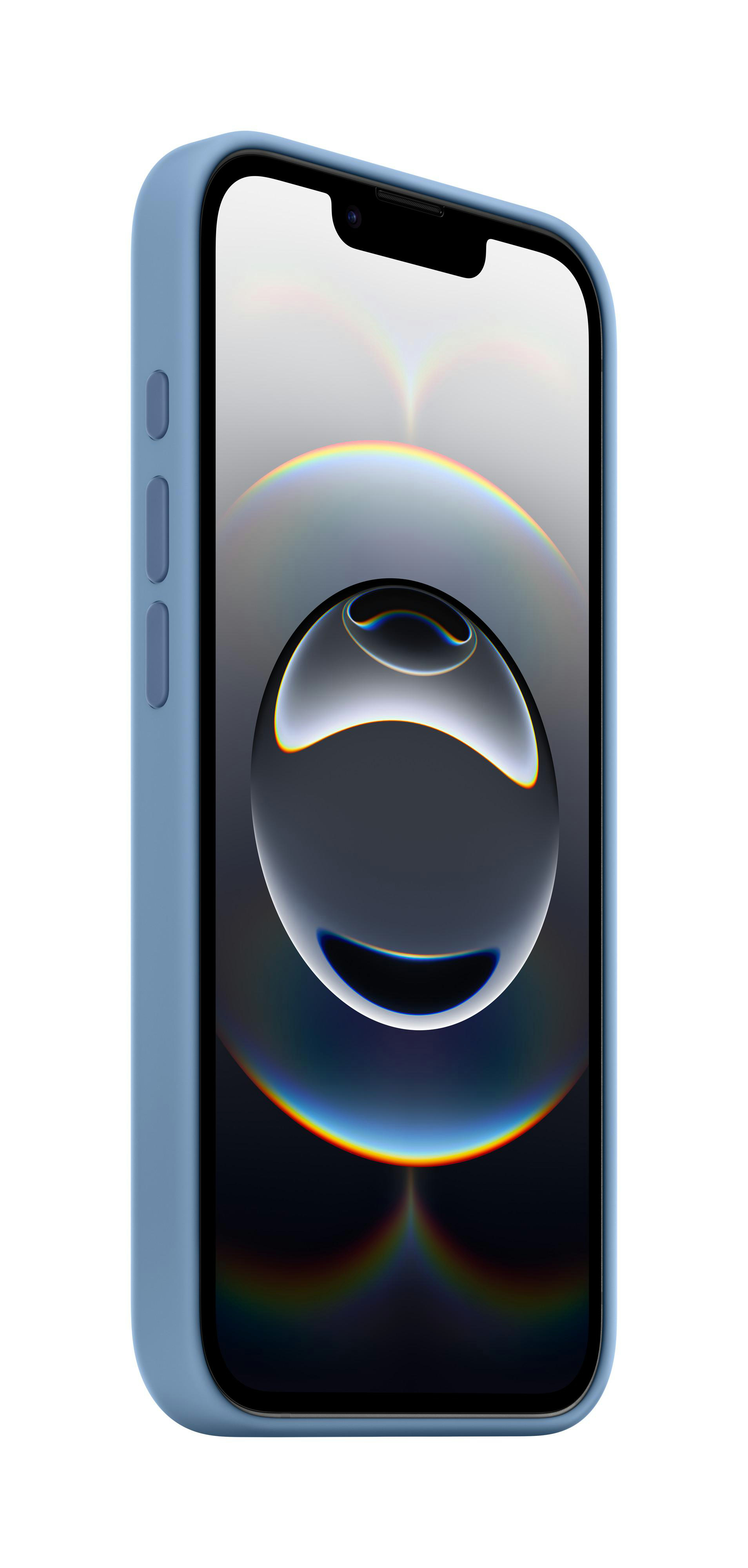 Ein blaues Telefon in einer blauen Hülle, Seitenansicht. Das Telefon ist leicht angewinkelt.