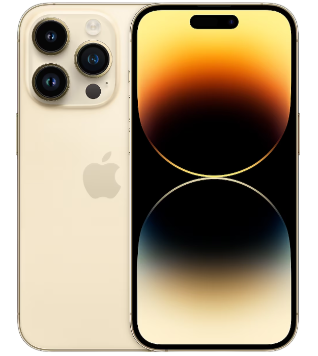 Altın iPhone, ön ve arka görünüm. Ekran bir gradyan ve mercek parlaması efekti gösteriyor.