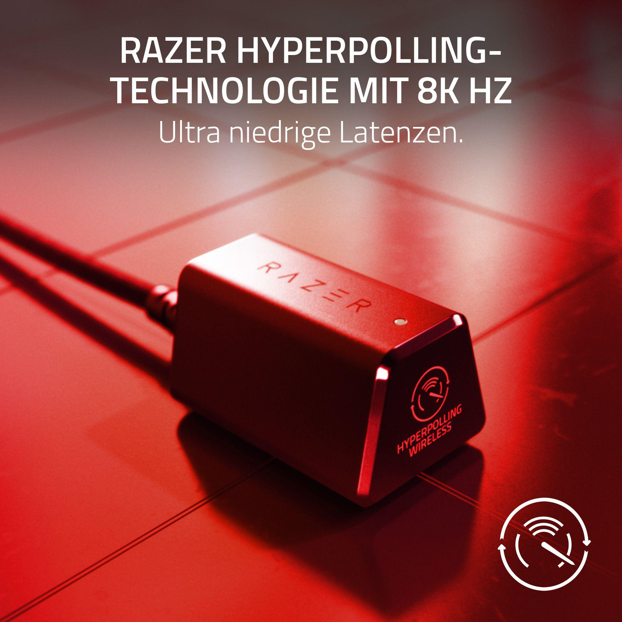 Rotes Gerät mit Razer-Logo. Der Text sagt Razer Hyperpolling mit 8K Hz.