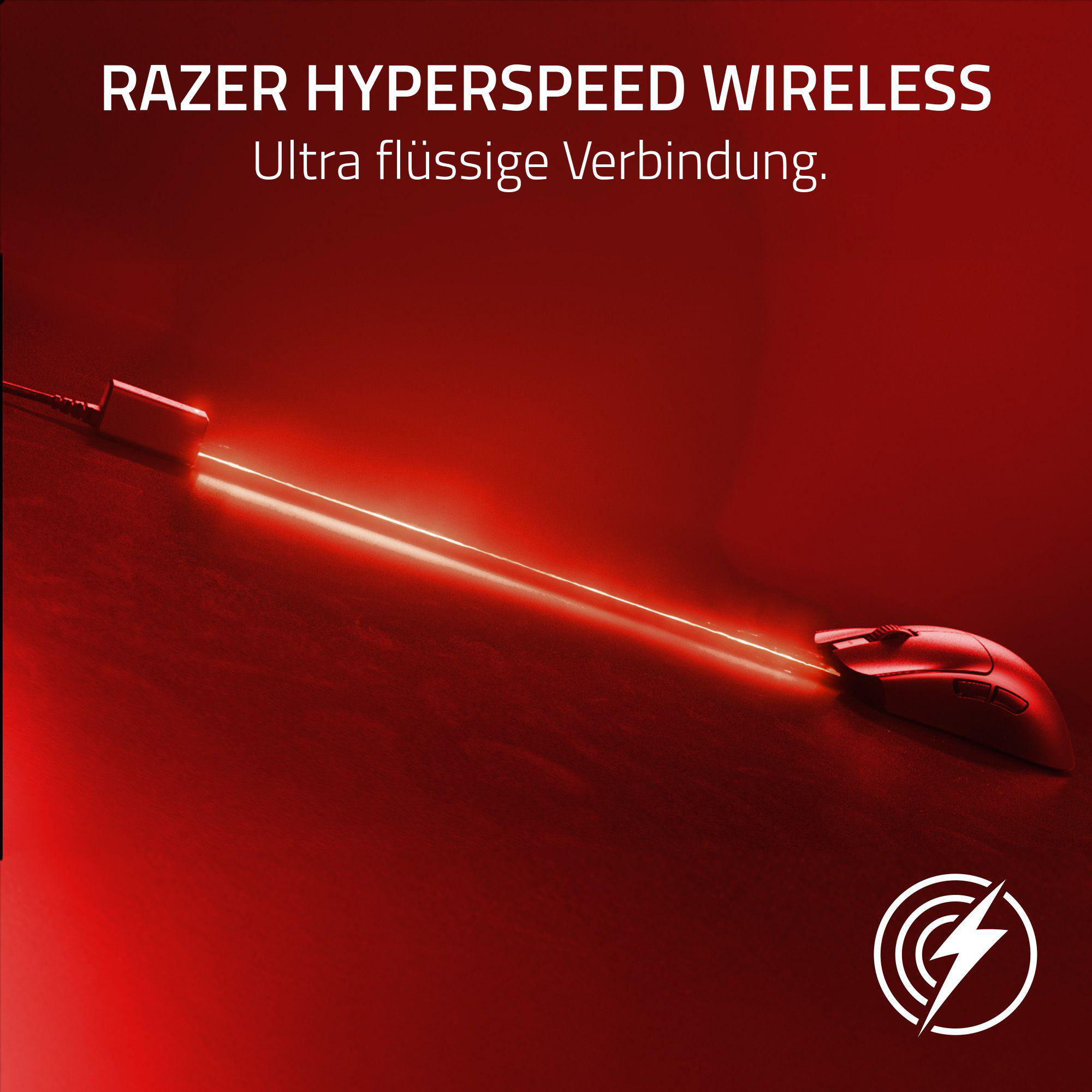 Razer HyperSpeed Wireless Maus. Die Maus ist rot. Eine rote Linie zur Ladestation.