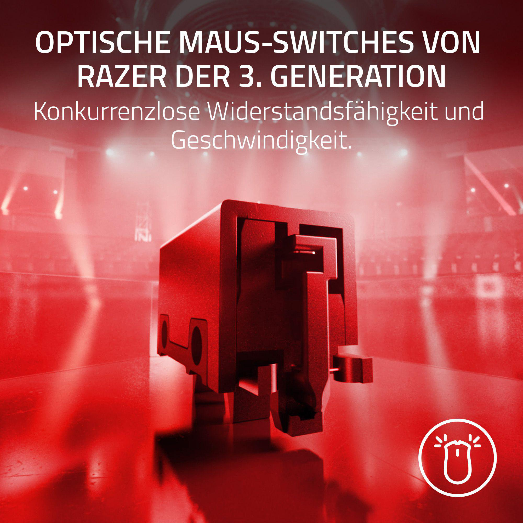 Nahaufnahme eines roten optischen Mausschalters mit Razer-Logo auf rotem Hintergrund.