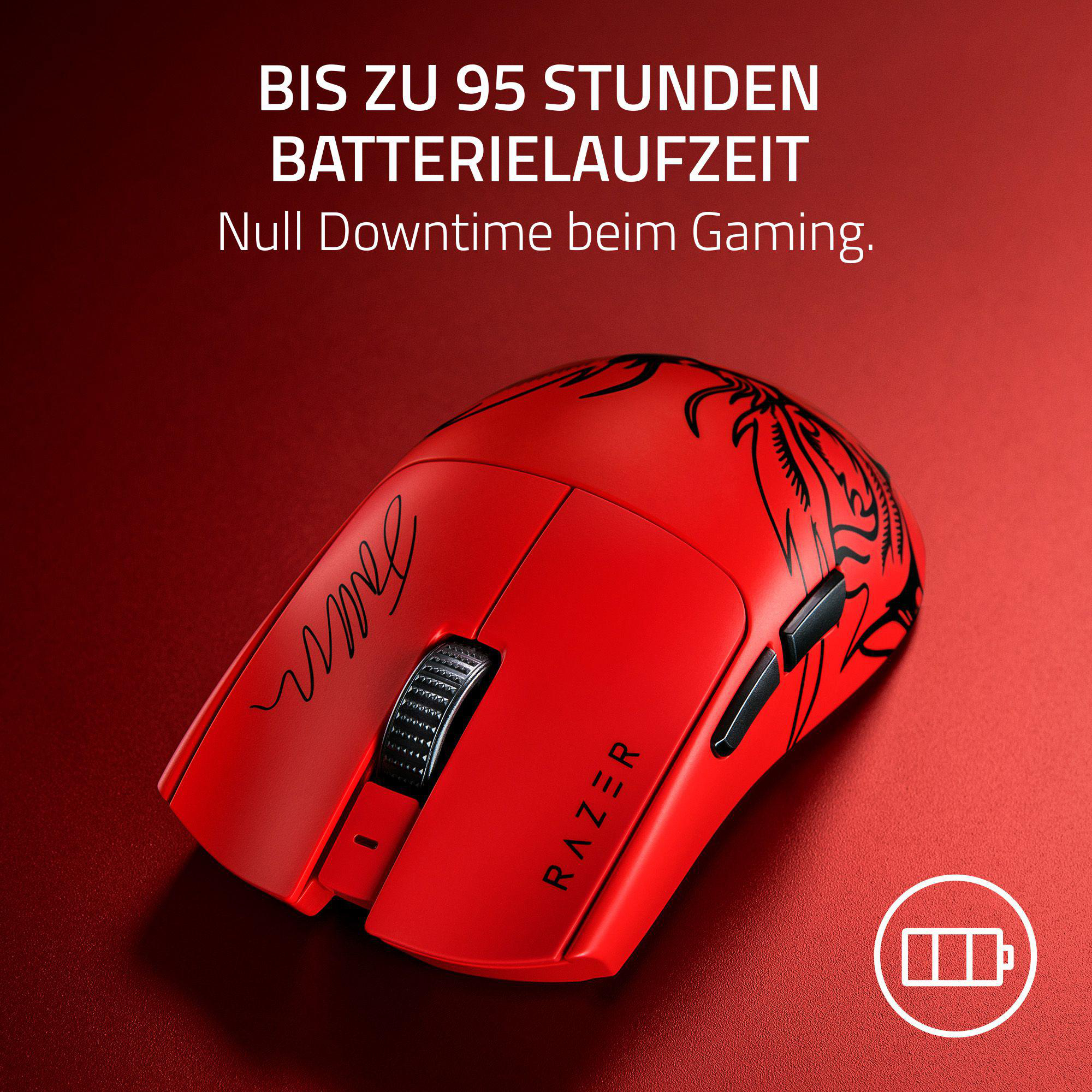 Rote Razer Gaming-Maus mit schwarzen Akzenten und Akkuanzeige. Text: '95 Stunden Akku'.